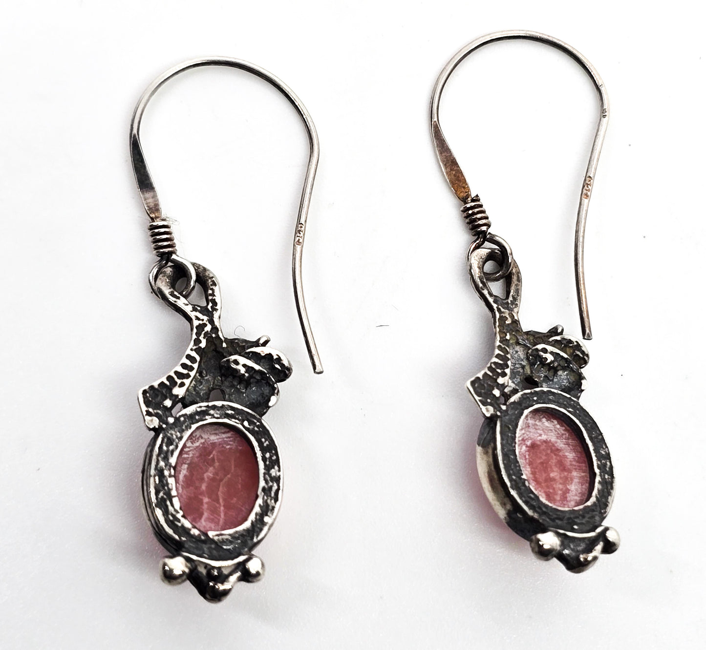 Rhodochrosite banded pink gemstone vintage flower drop sterling silver earrings