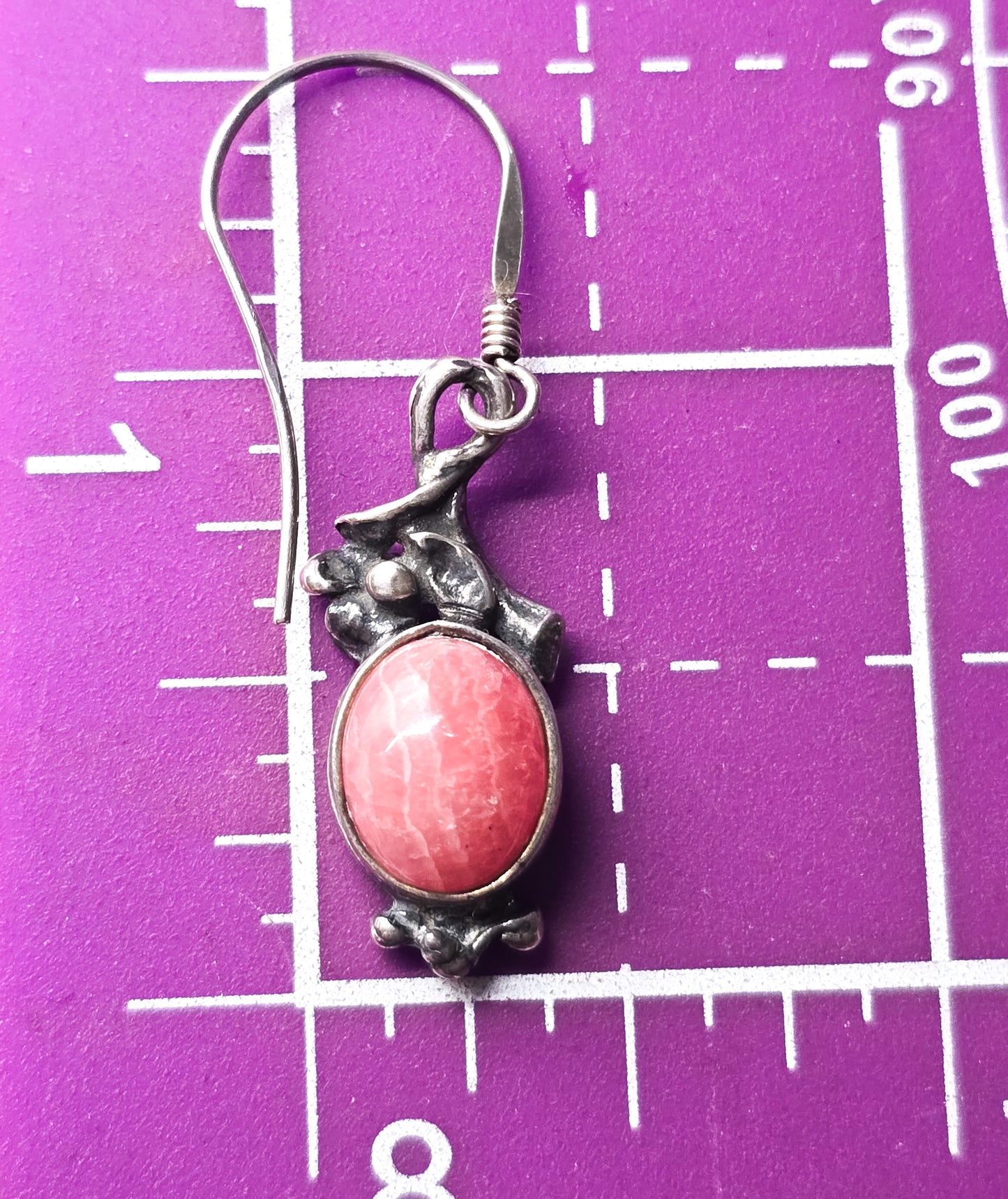 Rhodochrosite banded pink gemstone vintage flower drop sterling silver earrings