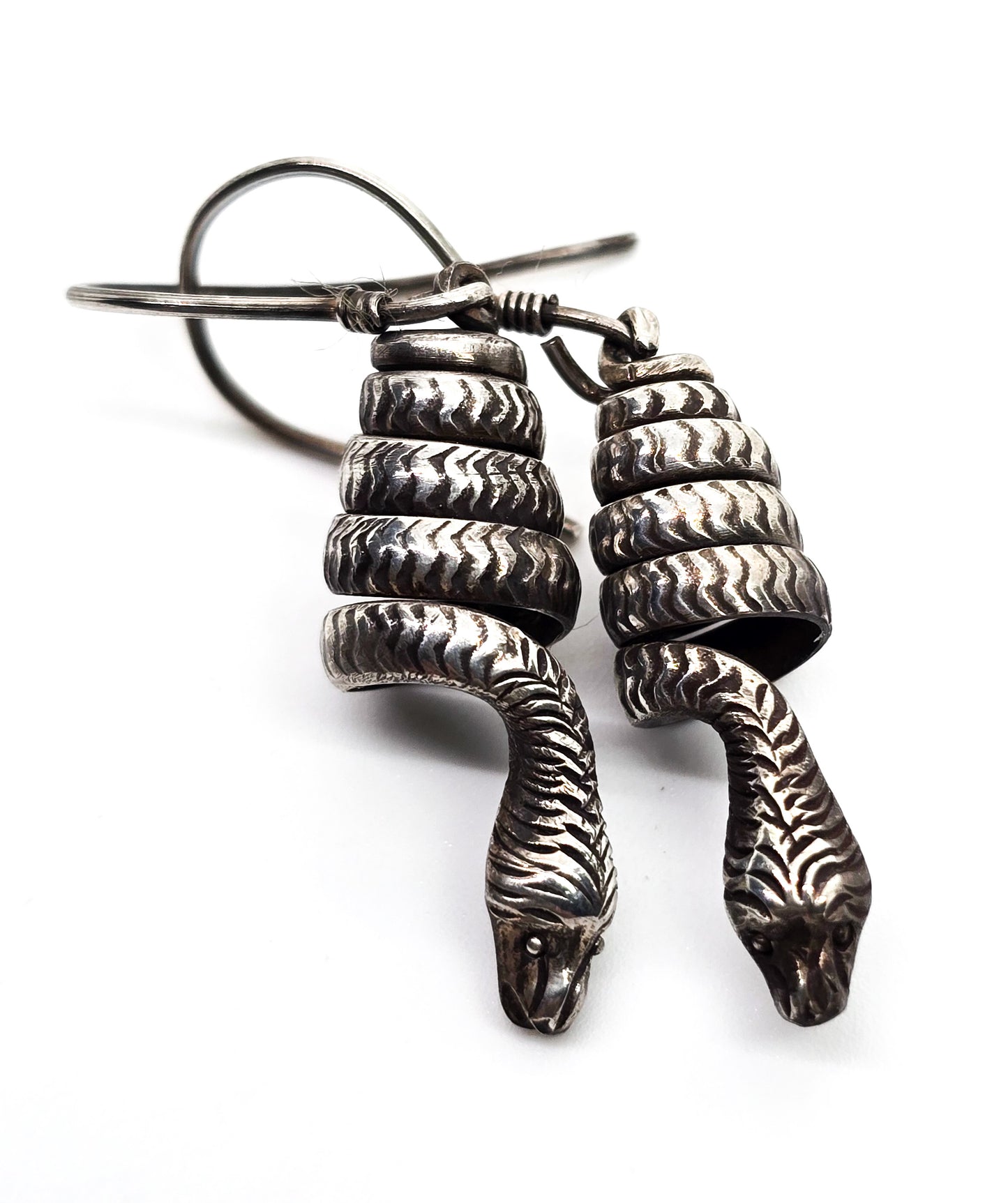 Snake Coiled long artisan sterling silver detailed vintage drop earrings