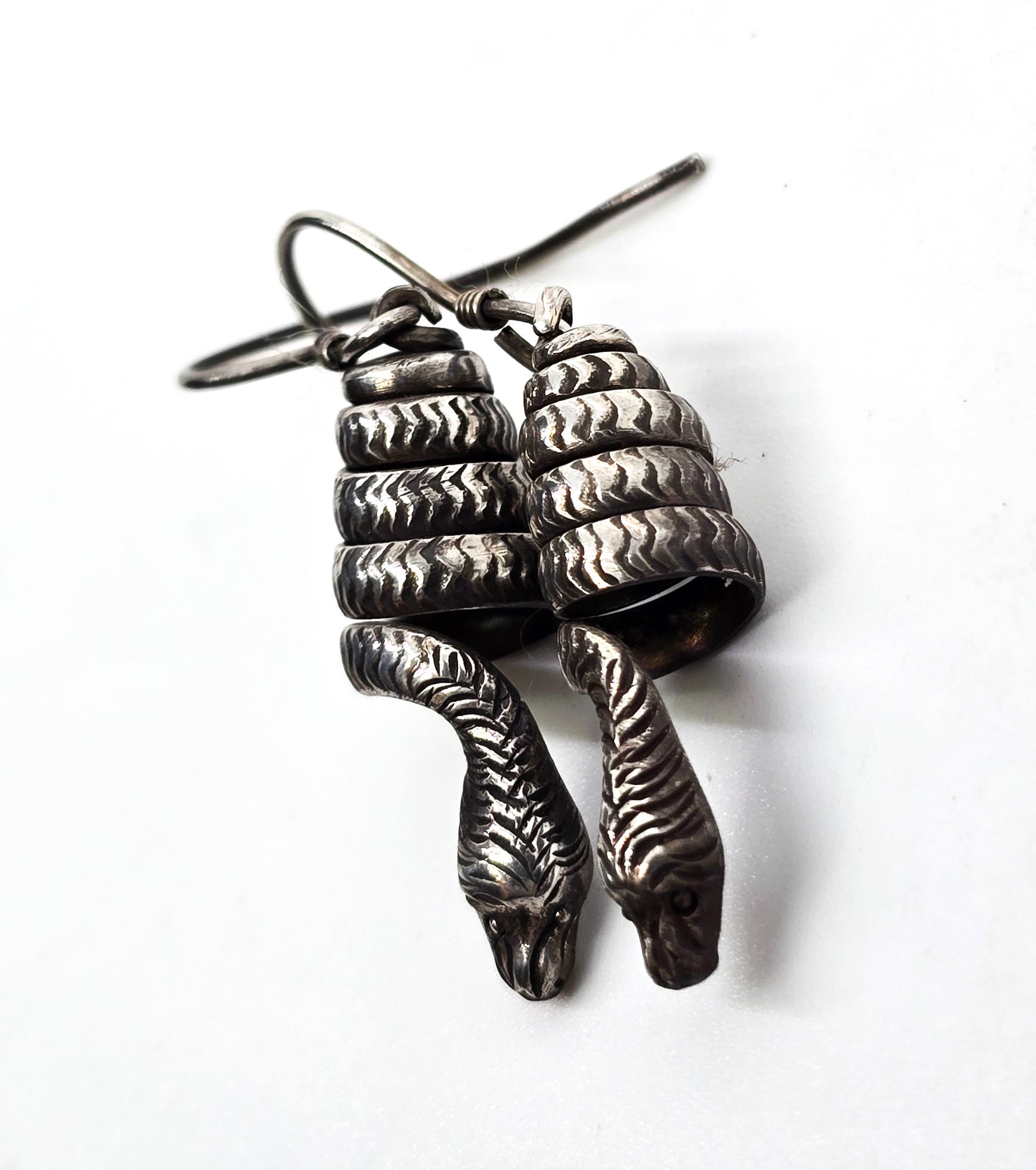 Snake Coiled long artisan sterling silver detailed vintage drop earrings