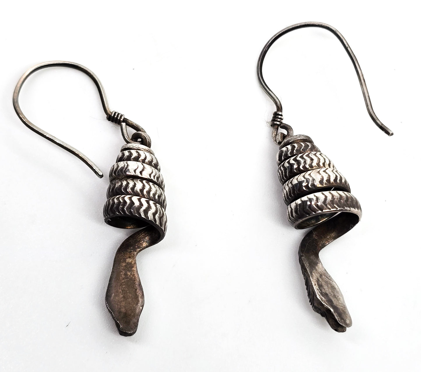 Snake Coiled long artisan sterling silver detailed vintage drop earrings