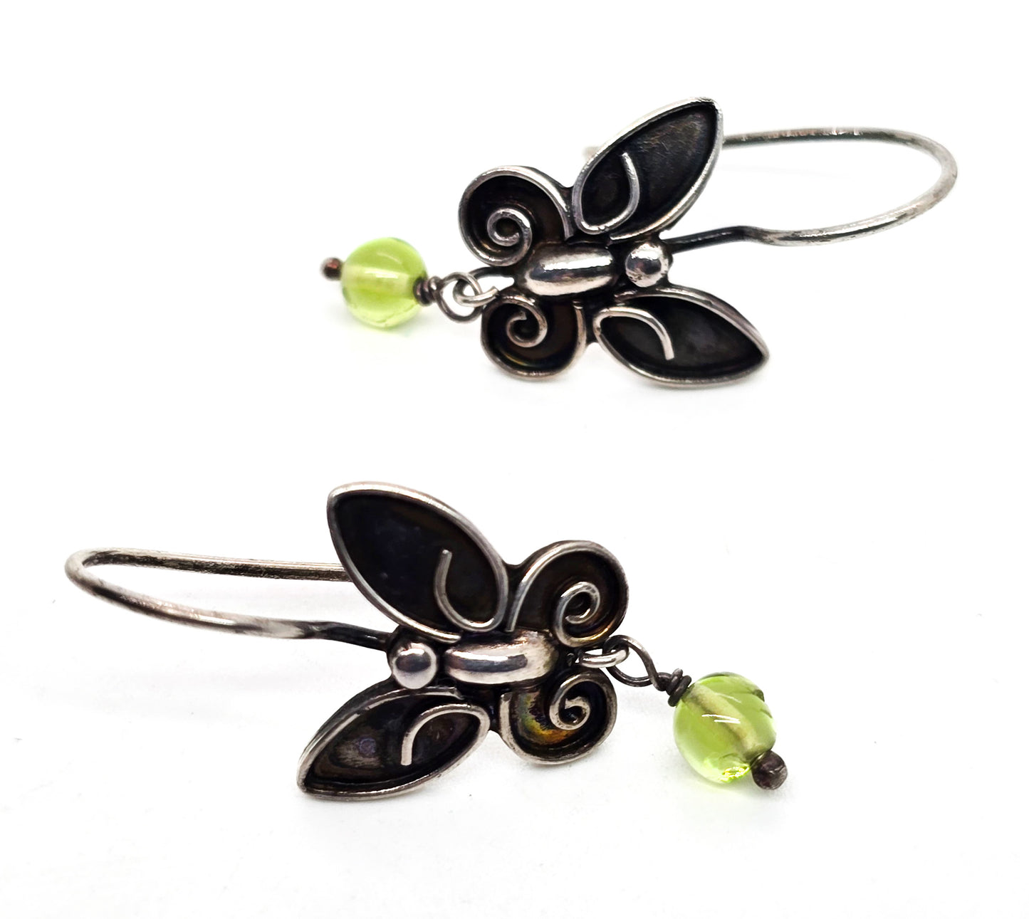 Sue B butterfly drop green tourmaline sterling silver hook signed vintage earrings