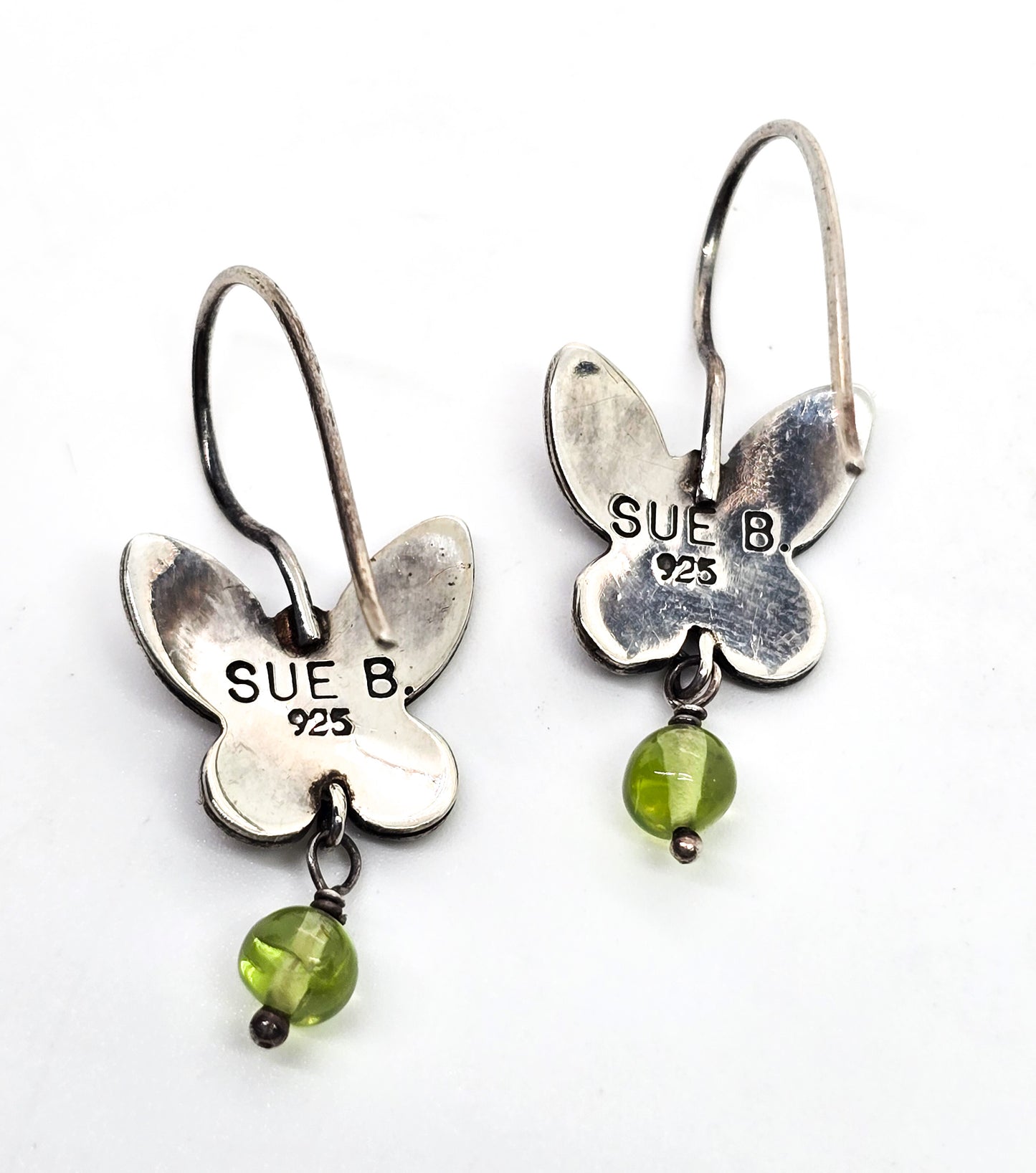 Sue B butterfly drop green tourmaline sterling silver hook signed vintage earrings