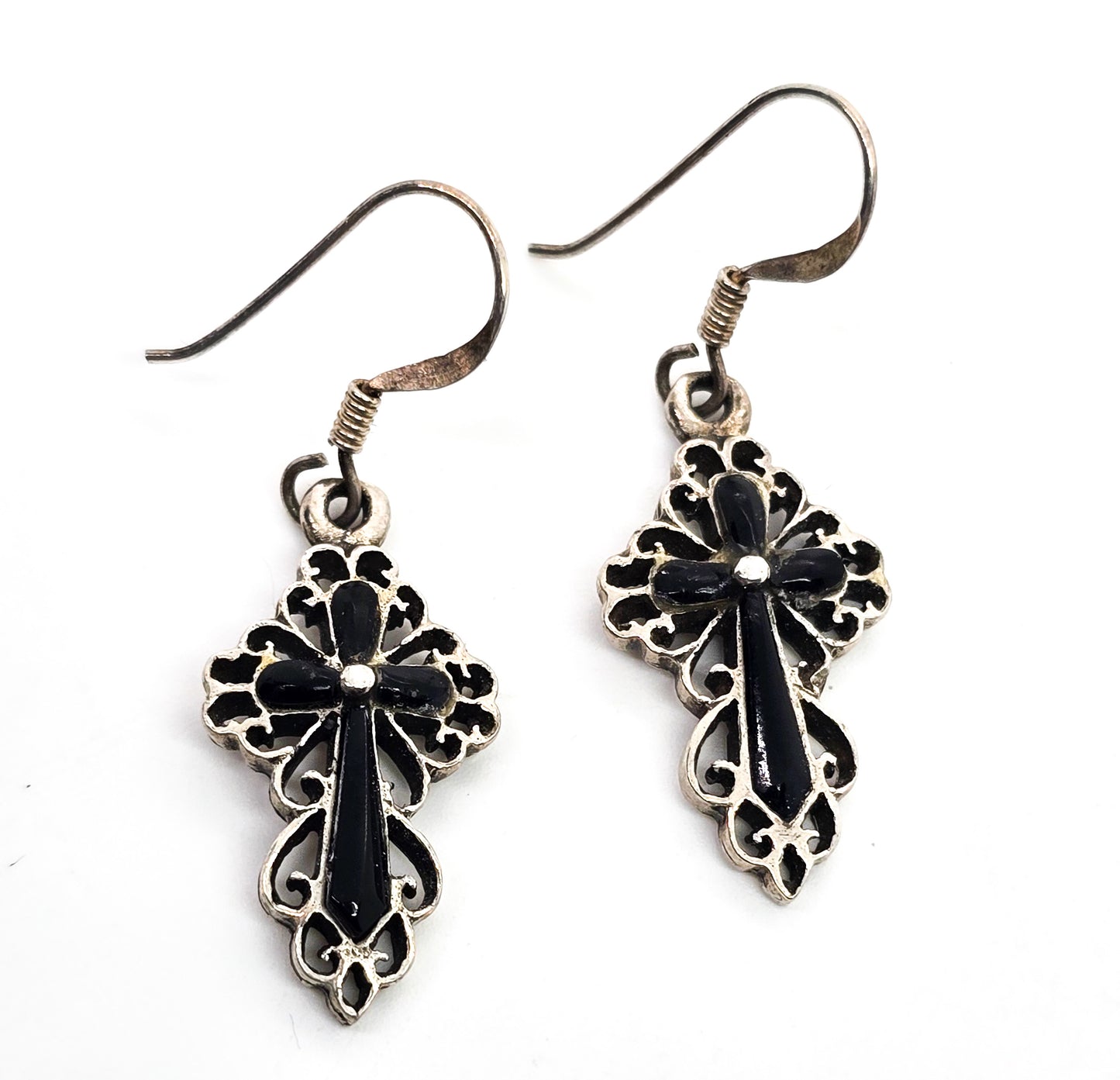 Black onyx open work filigree sterling silver cross vintage earrings