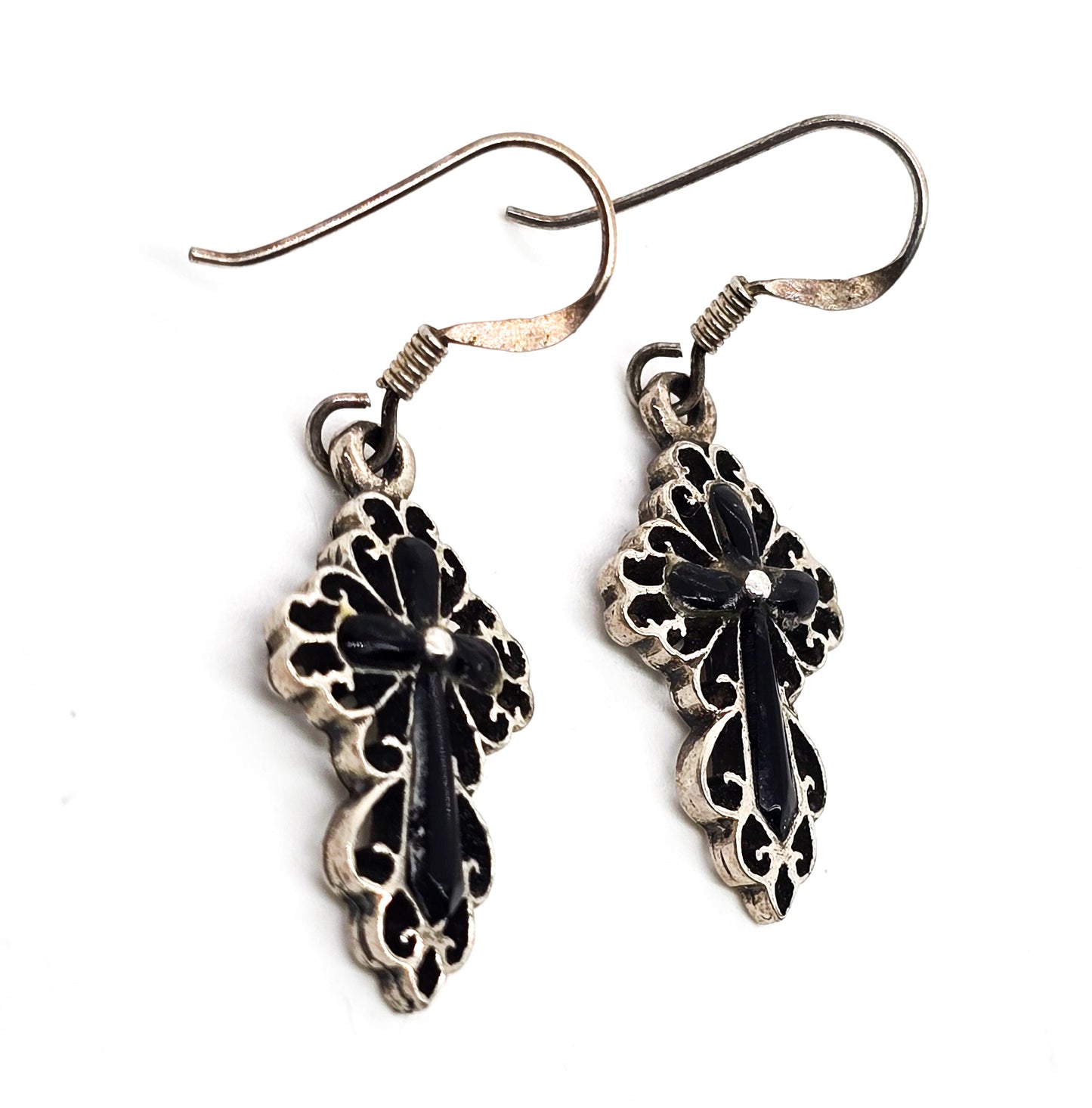 Black onyx open work filigree sterling silver cross vintage earrings