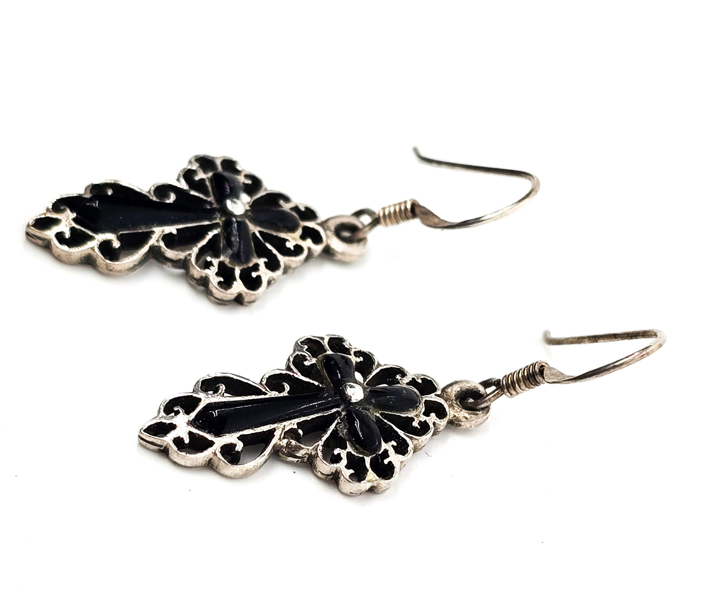 Black onyx open work filigree sterling silver cross vintage earrings
