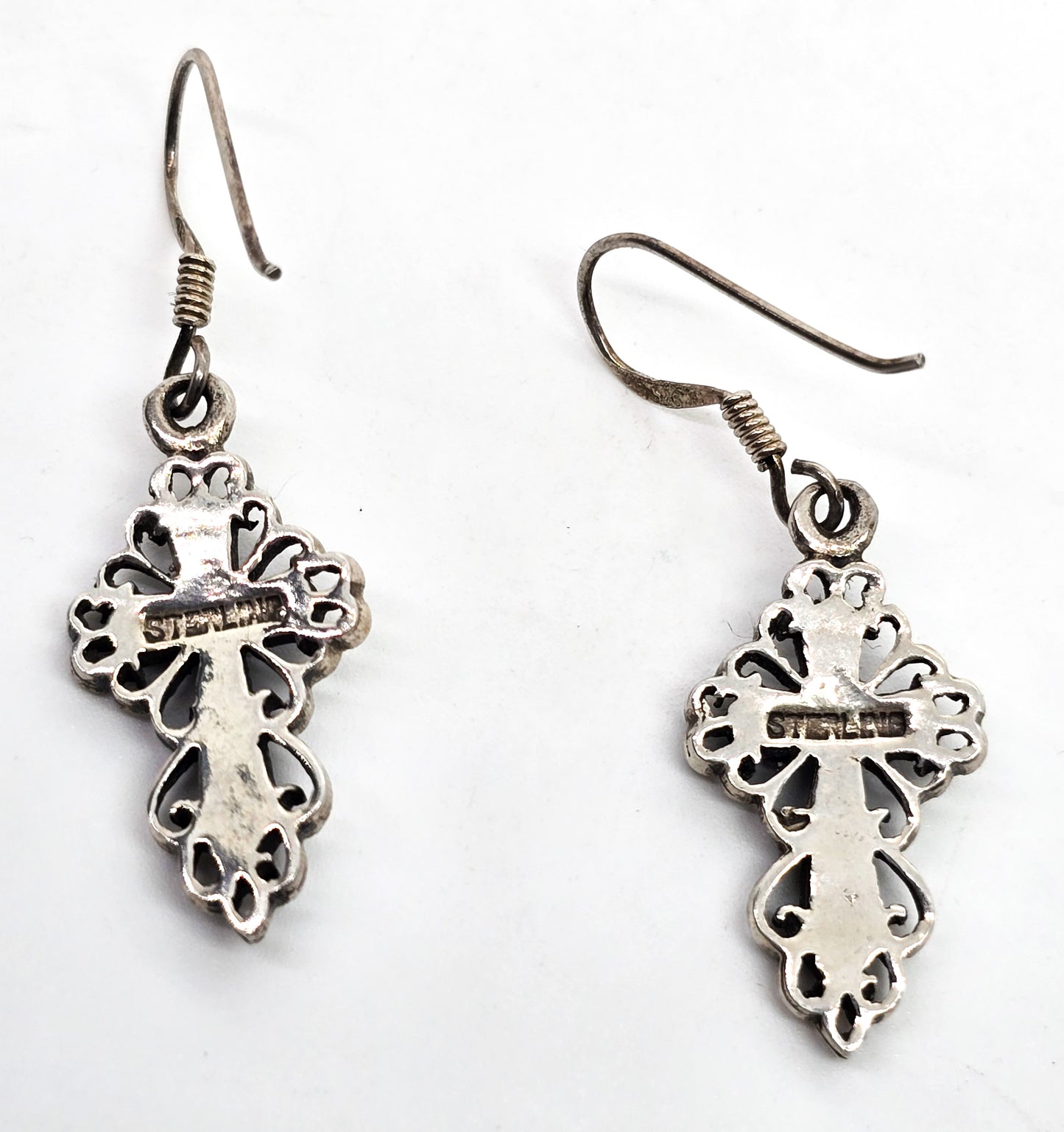 Black onyx open work filigree sterling silver cross vintage earrings