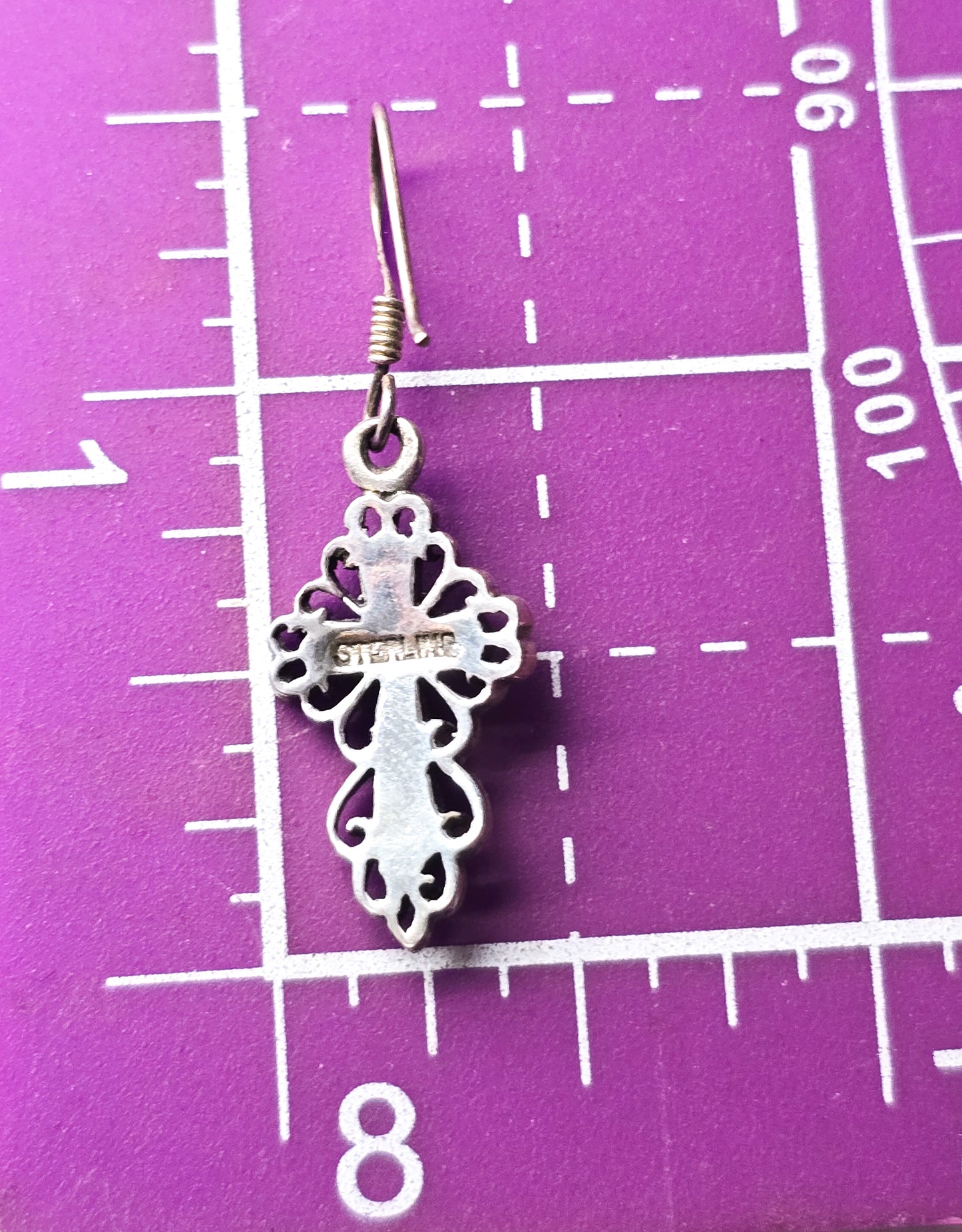 Black onyx open work filigree sterling silver cross vintage earrings