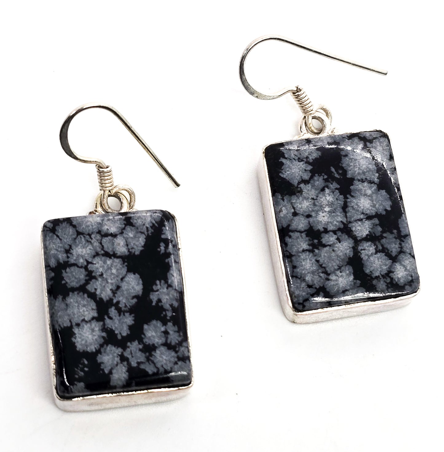 Snowflake Obsidian Large black and grey gemstone sterling silver drop earrings