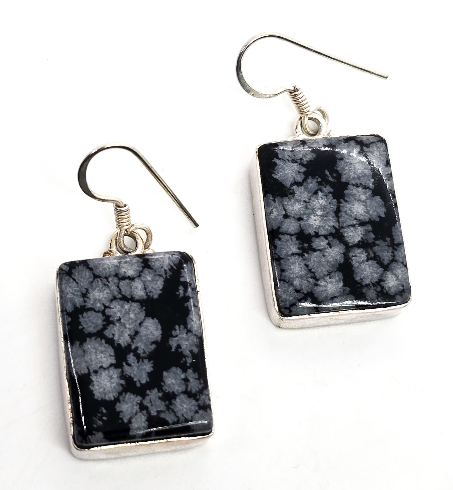 Snowflake Obsidian Large black and grey gemstone sterling silver drop earrings