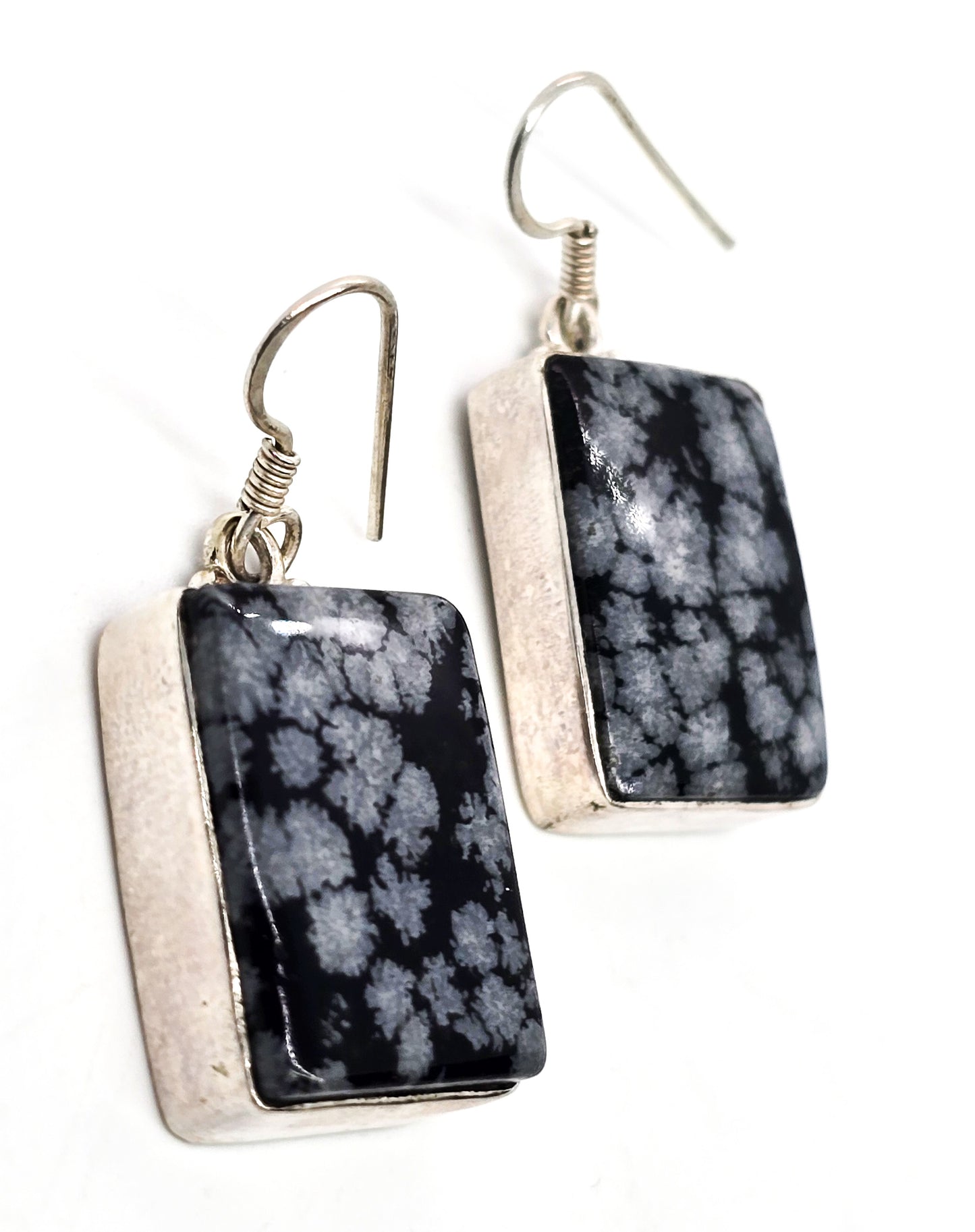 Snowflake Obsidian Large black and grey gemstone sterling silver drop earrings