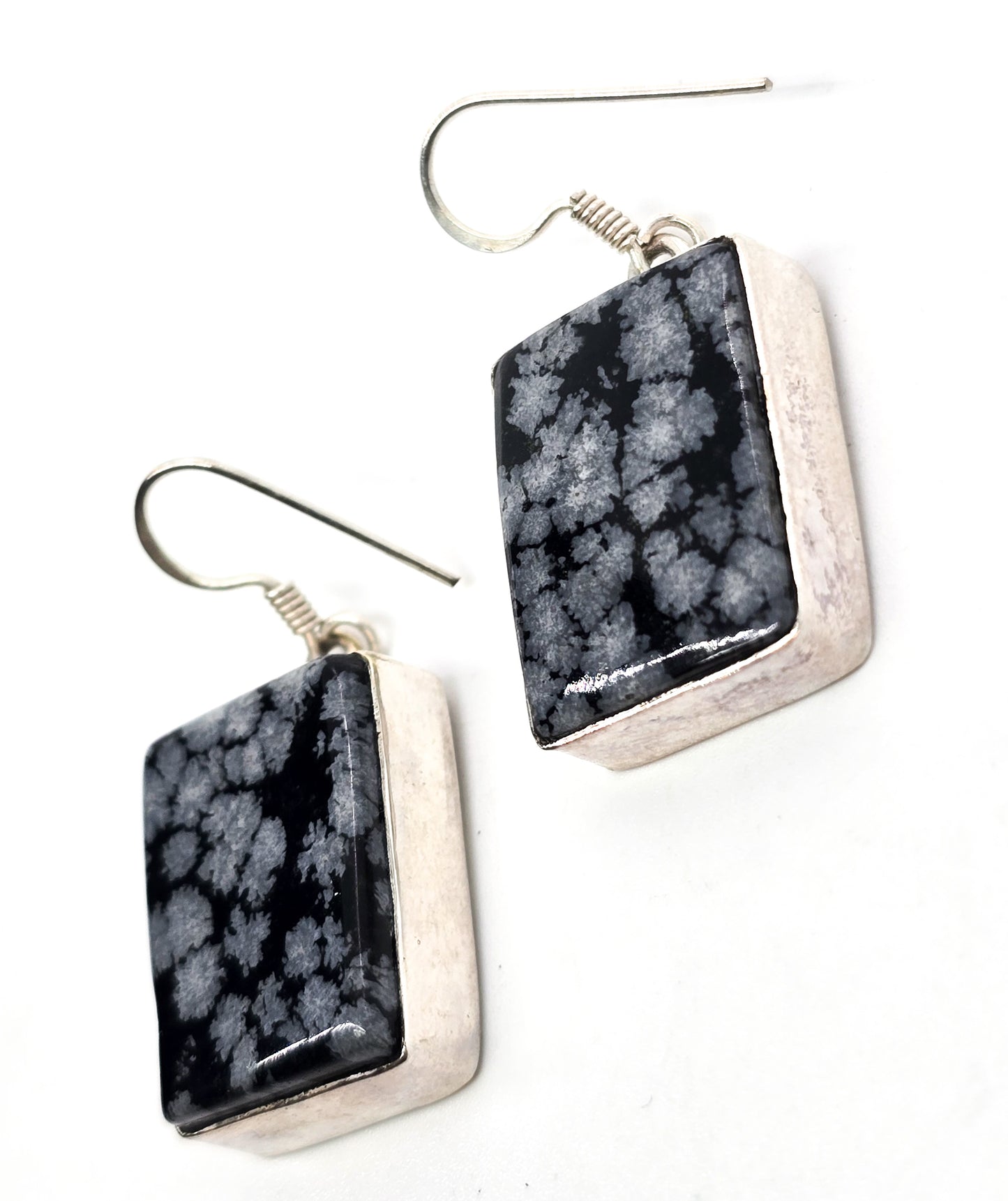 Snowflake Obsidian Large black and grey gemstone sterling silver drop earrings