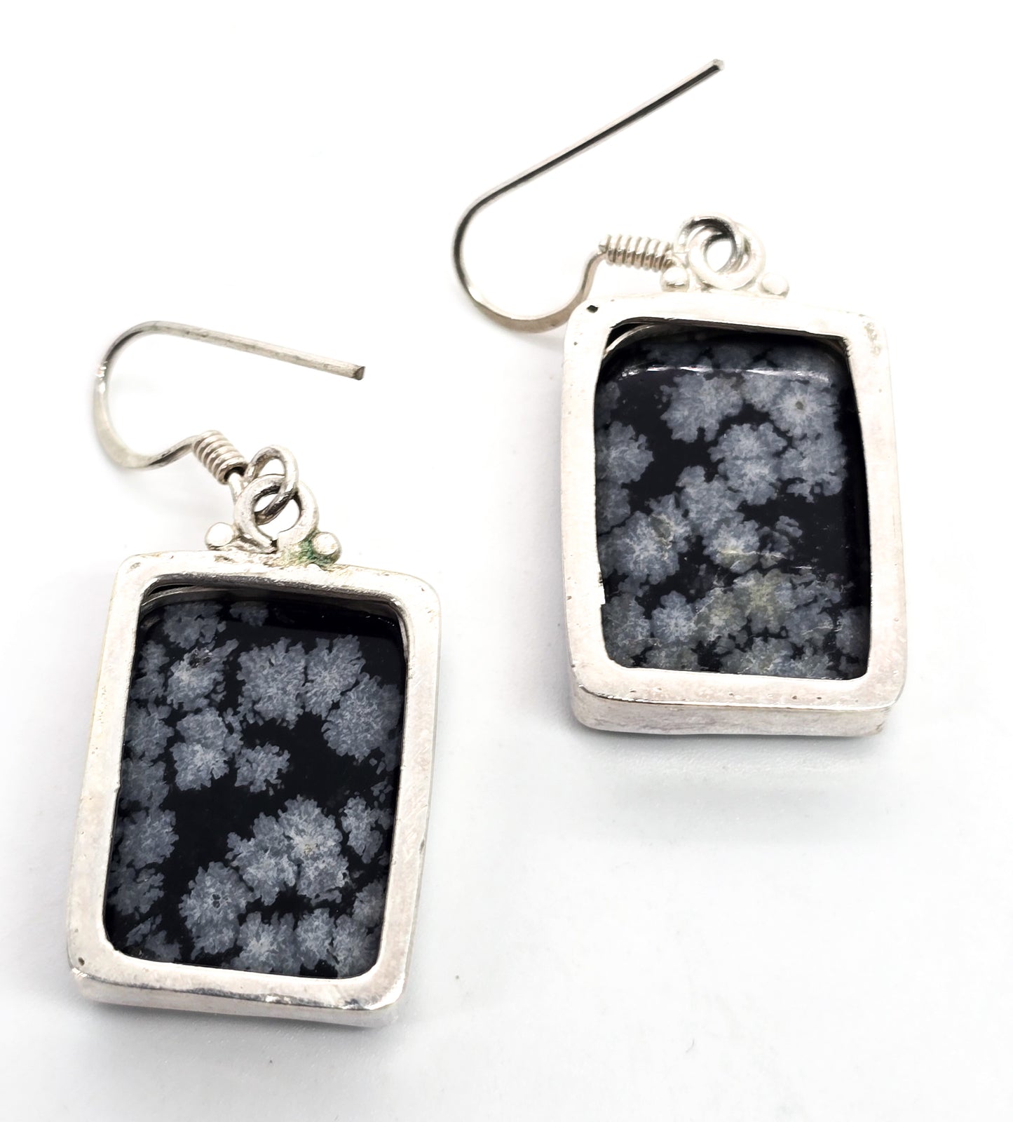 Snowflake Obsidian Large black and grey gemstone sterling silver drop earrings