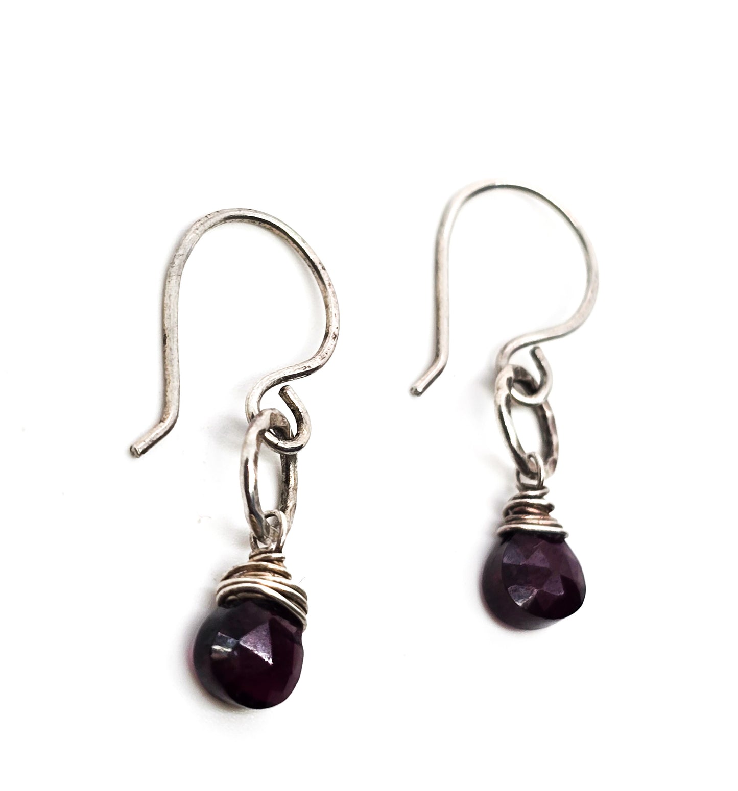 Garnet Artisan abstract faceted gemstone hammered sterling silver earrings