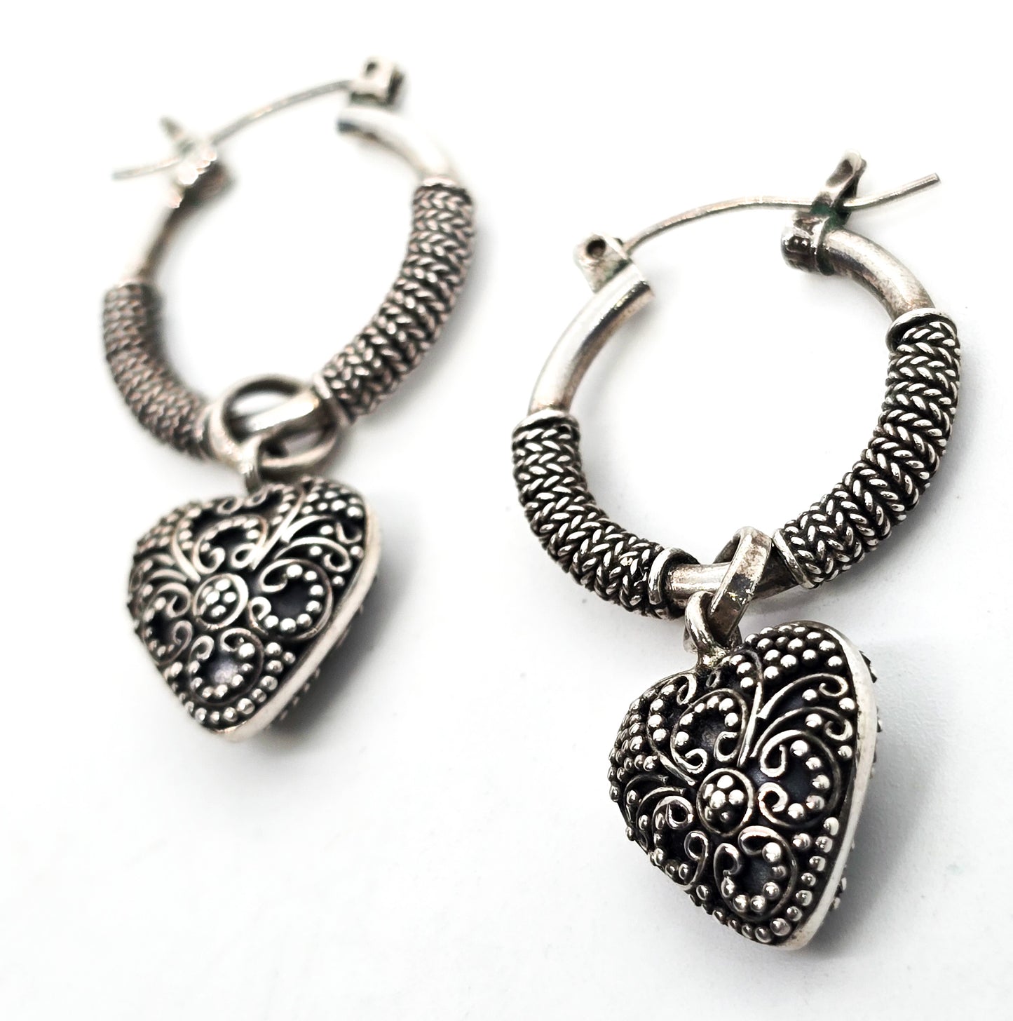 Suarti BA Heart charm hoop lever back sterling silver thick signed earrings