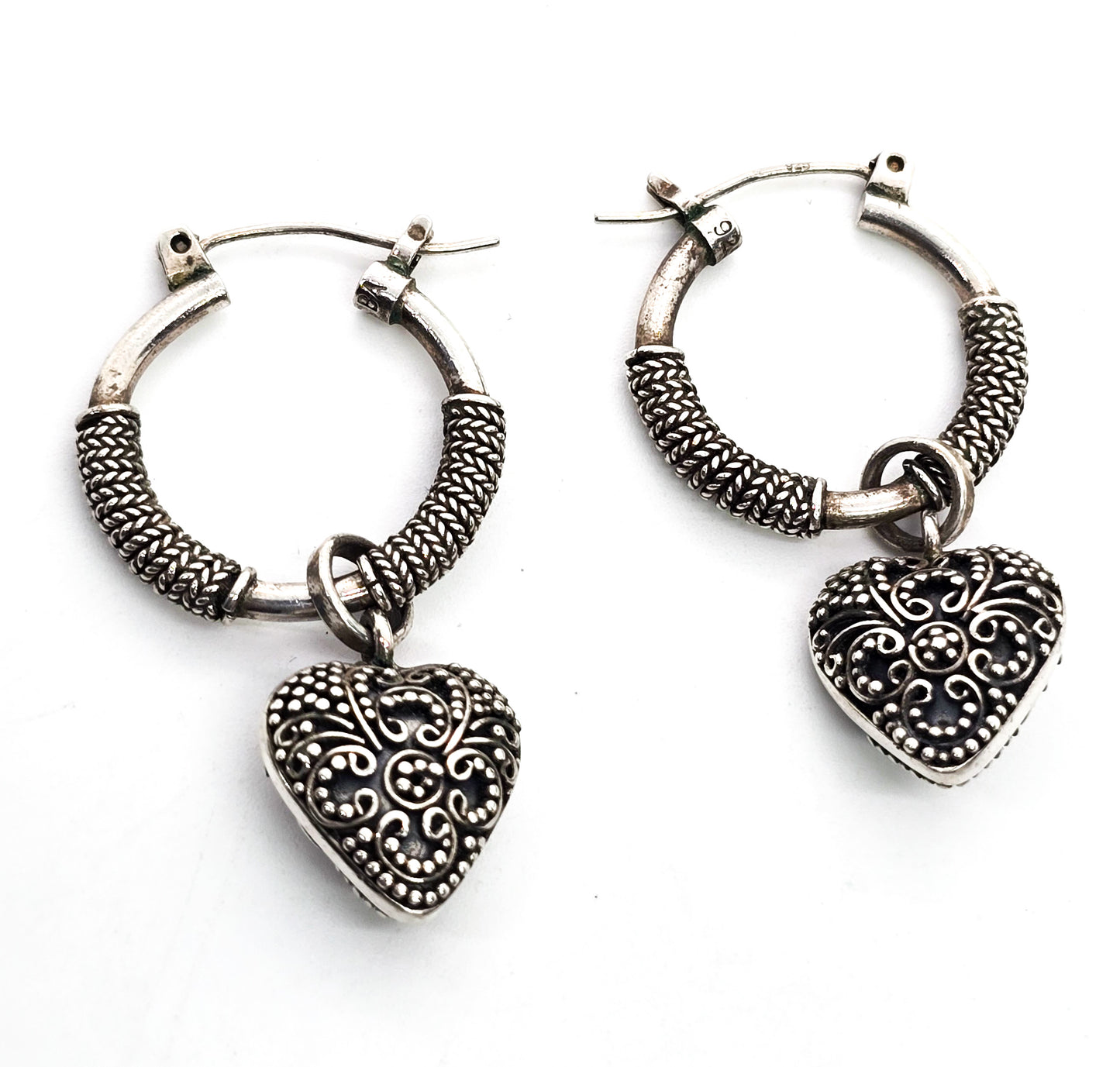 Suarti BA Heart charm hoop lever back sterling silver thick signed earrings
