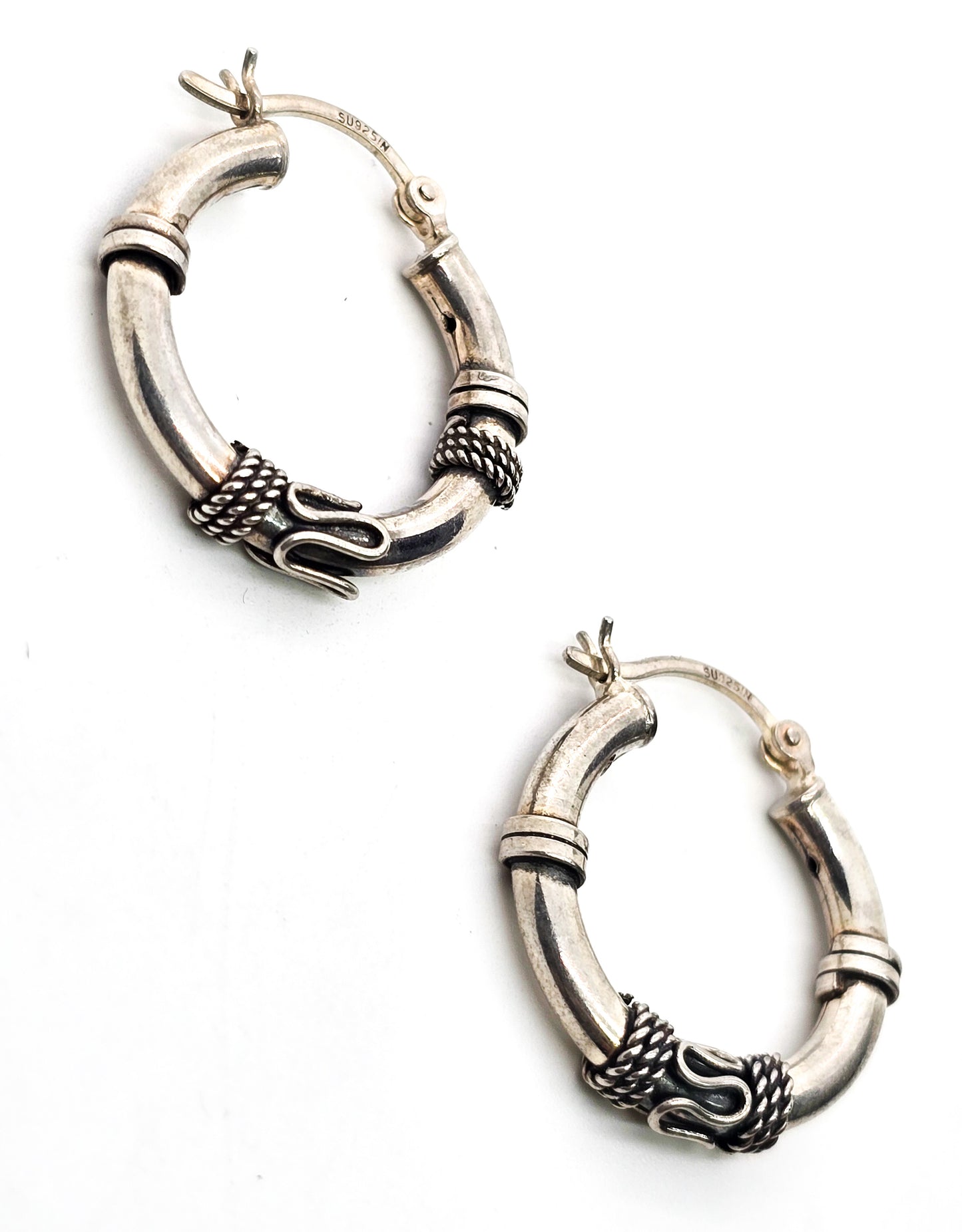 Tribal Balinese sterling silver lever back Bali SU IN vintage hoop earrings