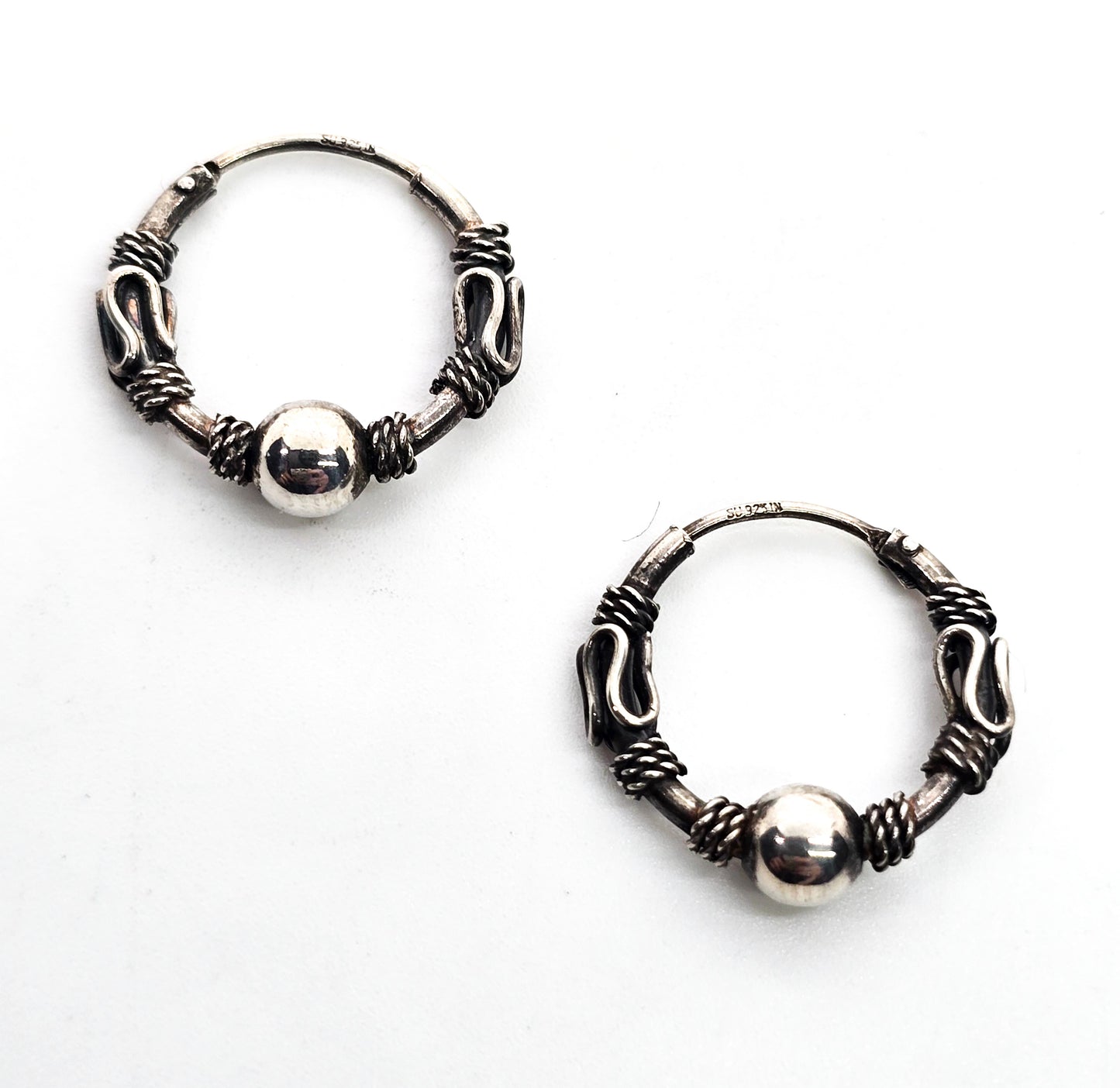 Tribal Balinese beaded ball sterling silver internal thread SU IN vintage hoop earrings