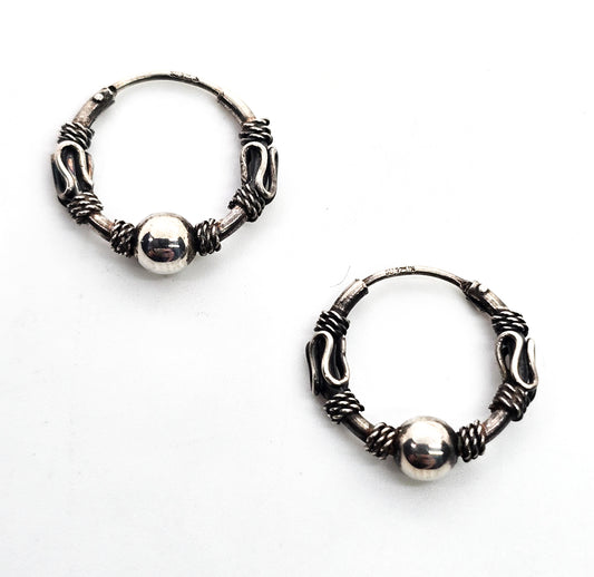 Tribal Balinese beaded ball sterling silver internal thread SU IN vintage hoop earrings