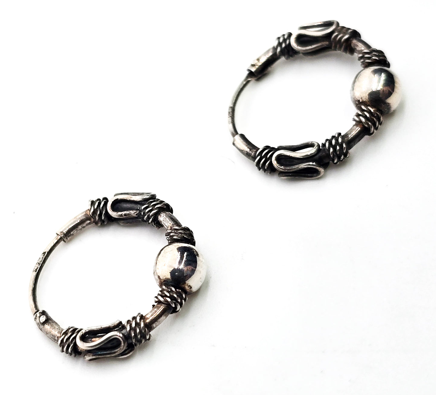 Tribal Balinese beaded ball sterling silver internal thread SU IN vintage hoop earrings