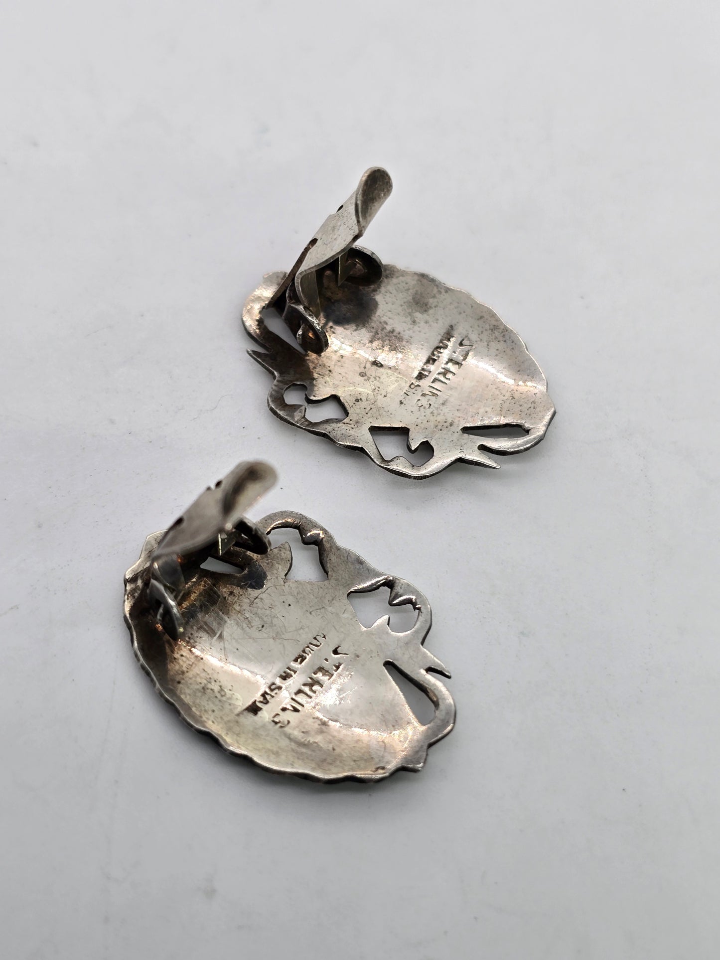 Siam Nielloware fan black enamel sterling silver vintage clip on earrings