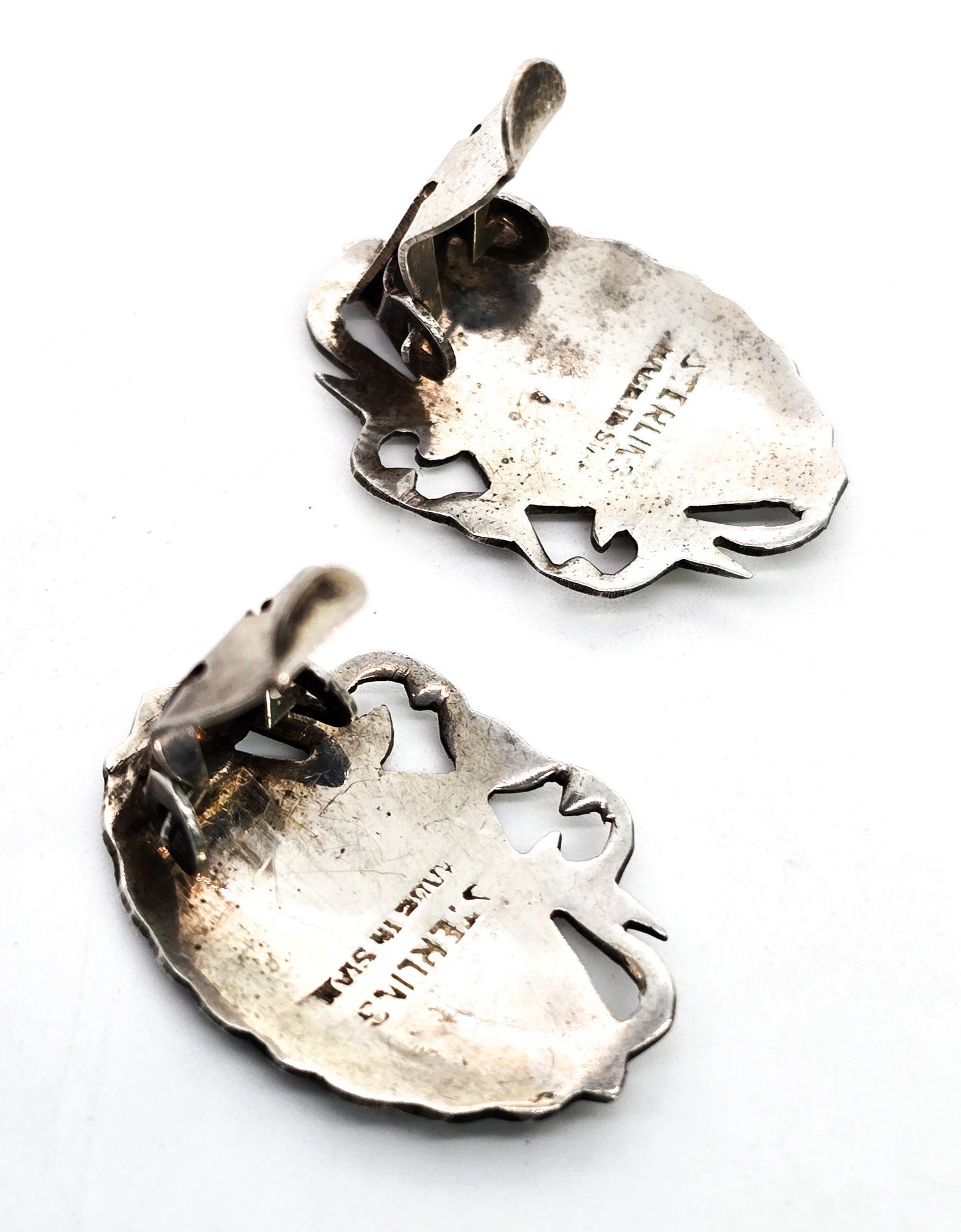 Siam Nielloware fan black enamel sterling silver vintage clip on earrings