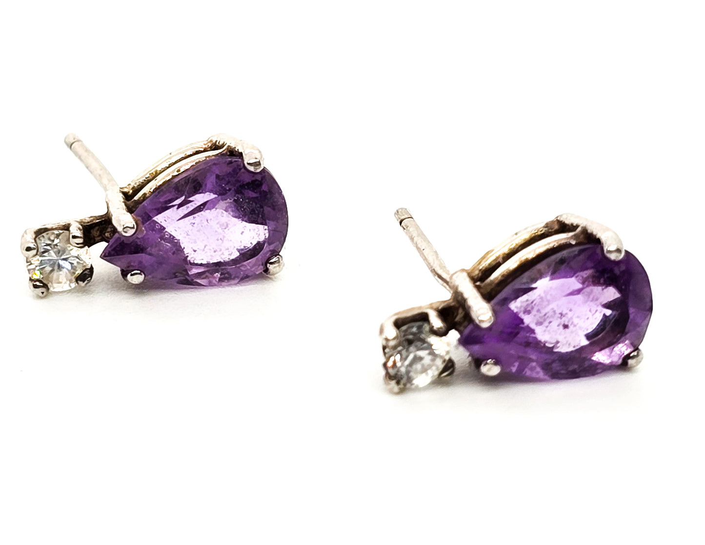 Amethyst pear cut purple gemstone Cubic zirconia sterling silver stud earrings