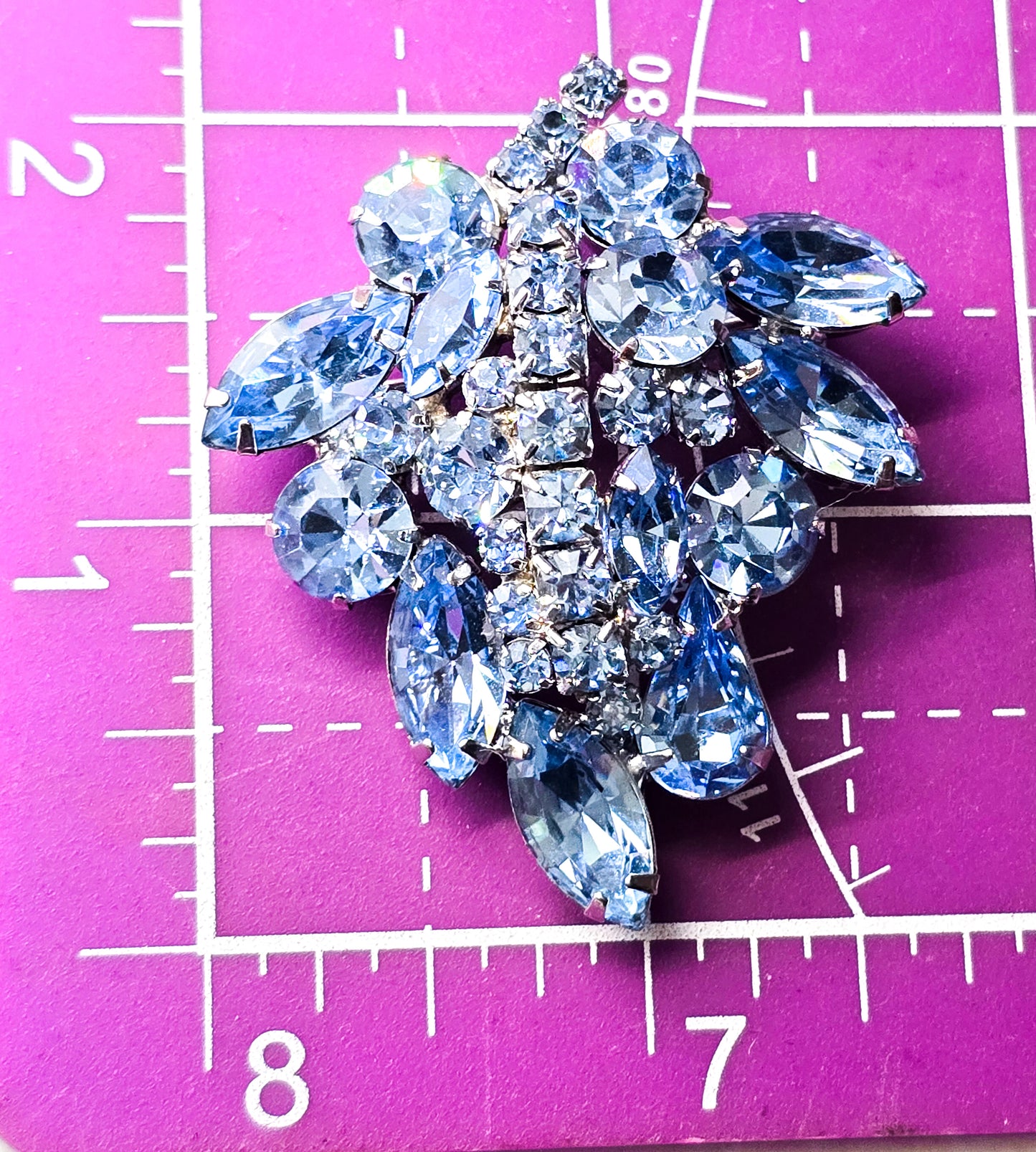 Wiess Baby blue vintage rhinestone leaf signed cluster brooch mid century