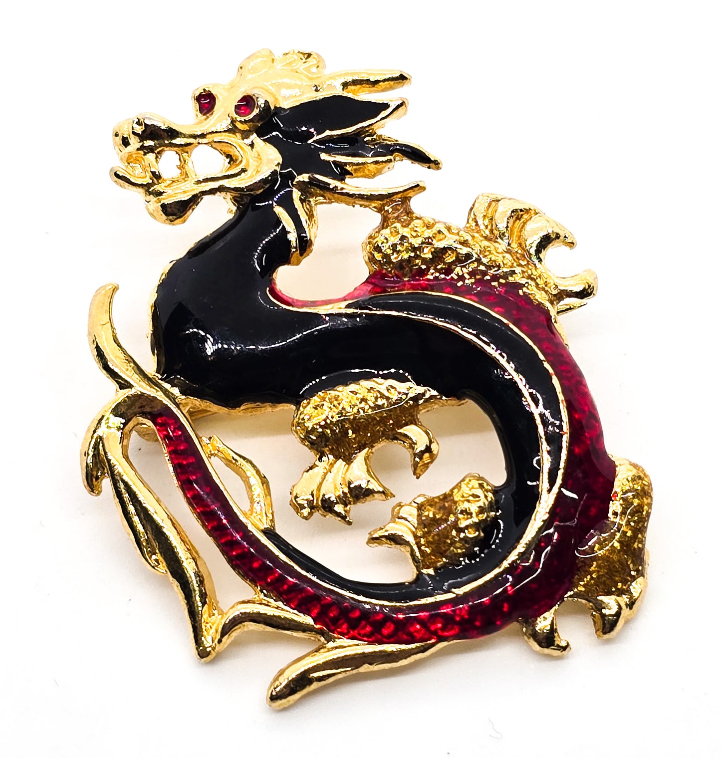 Golden Dragon vintage black and red enamel Asian Dragon brooch
