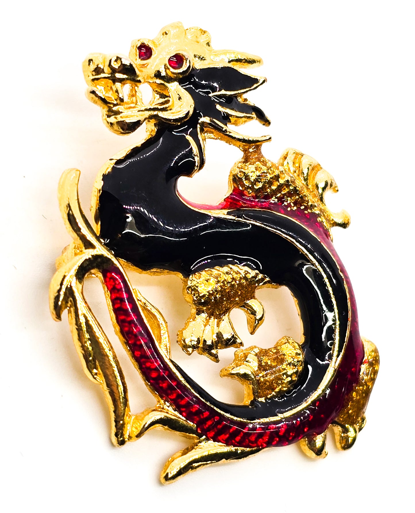 Golden Dragon vintage black and red enamel Asian Dragon brooch