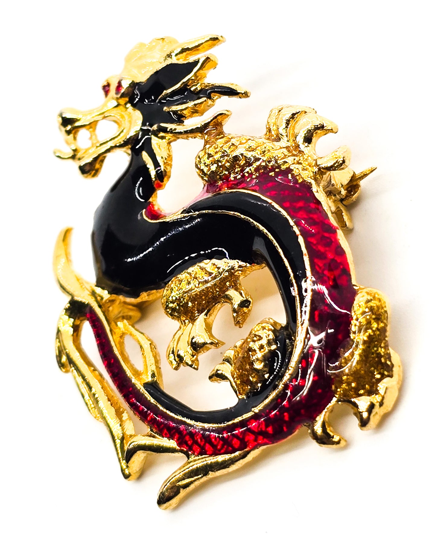 Golden Dragon vintage black and red enamel Asian Dragon brooch