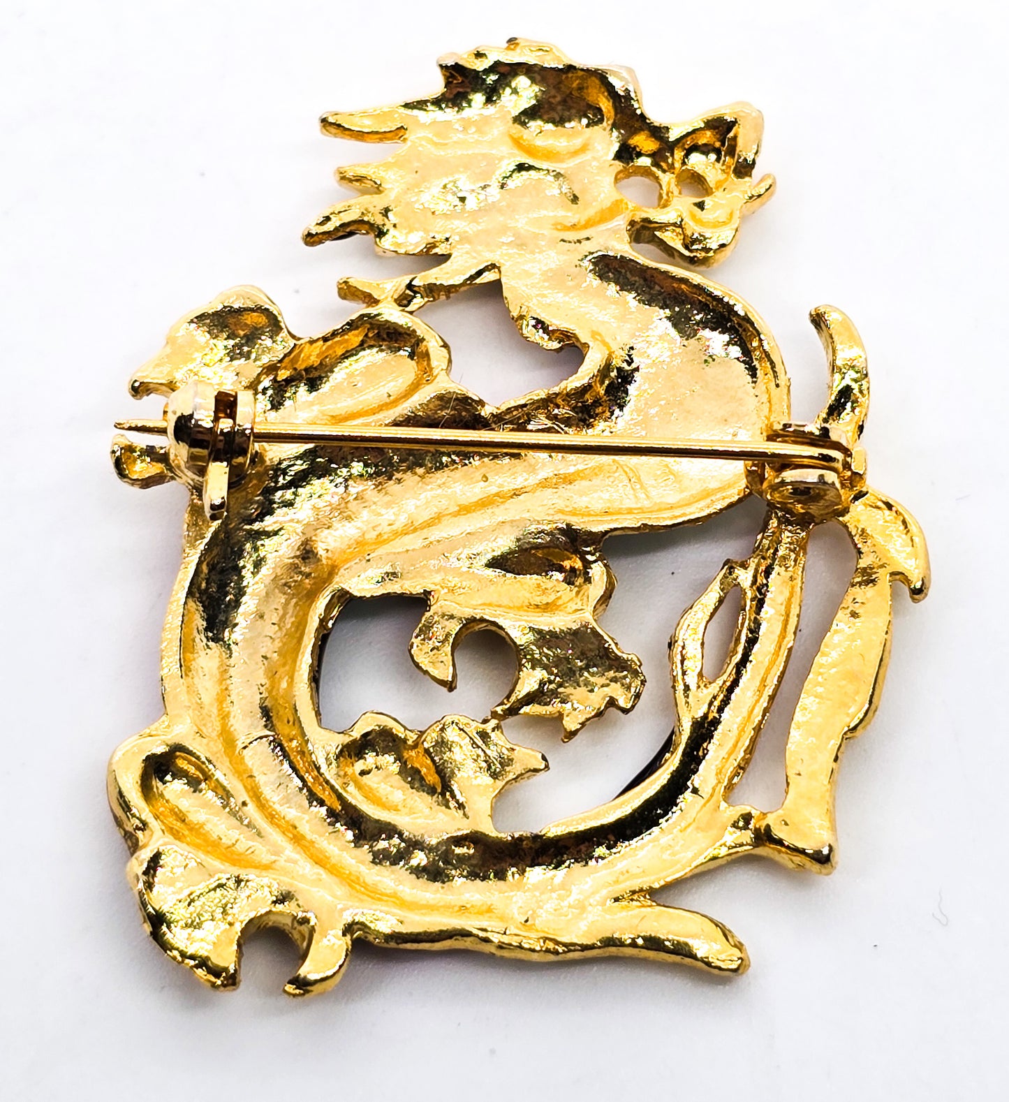 Golden Dragon vintage black and red enamel Asian Dragon brooch