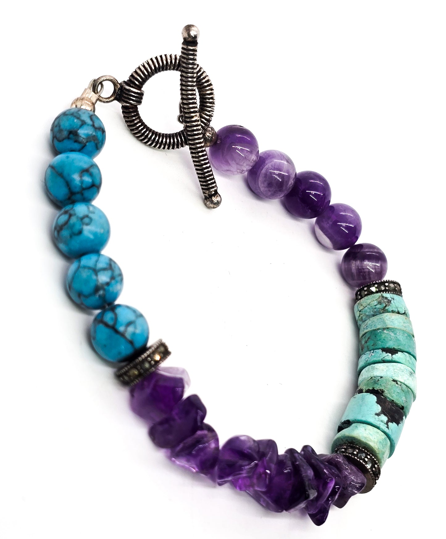 Peruvian turquoise amethyst and blue howlite sterling silver gemstone toggle bracelet