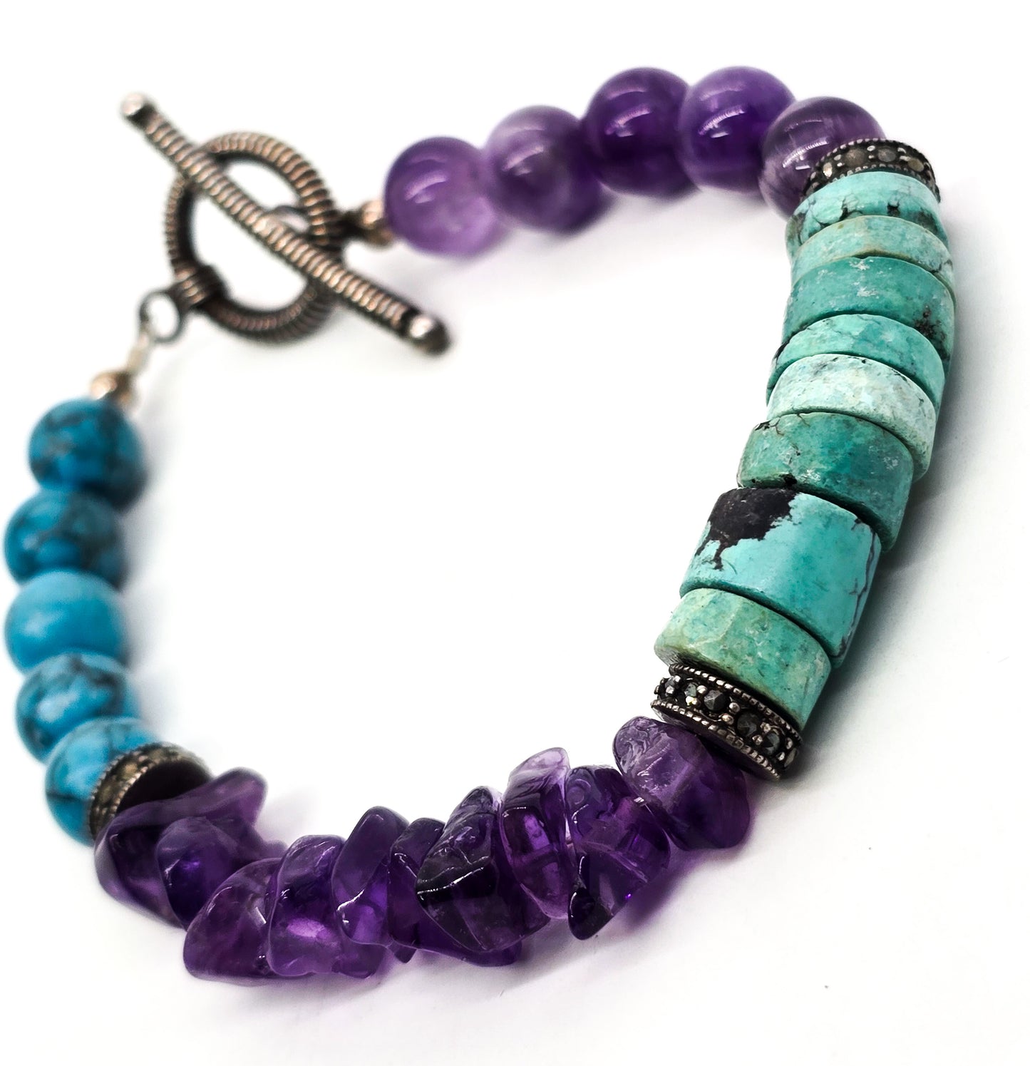 Peruvian turquoise amethyst and blue howlite sterling silver gemstone toggle bracelet