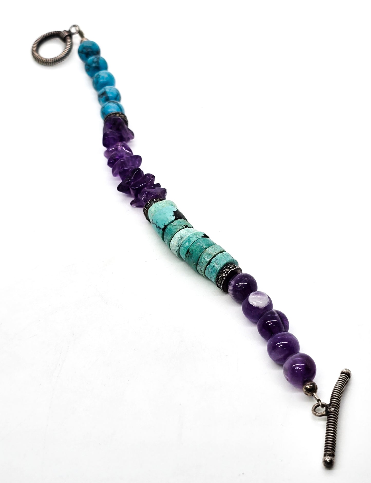Peruvian turquoise amethyst and blue howlite sterling silver gemstone toggle bracelet