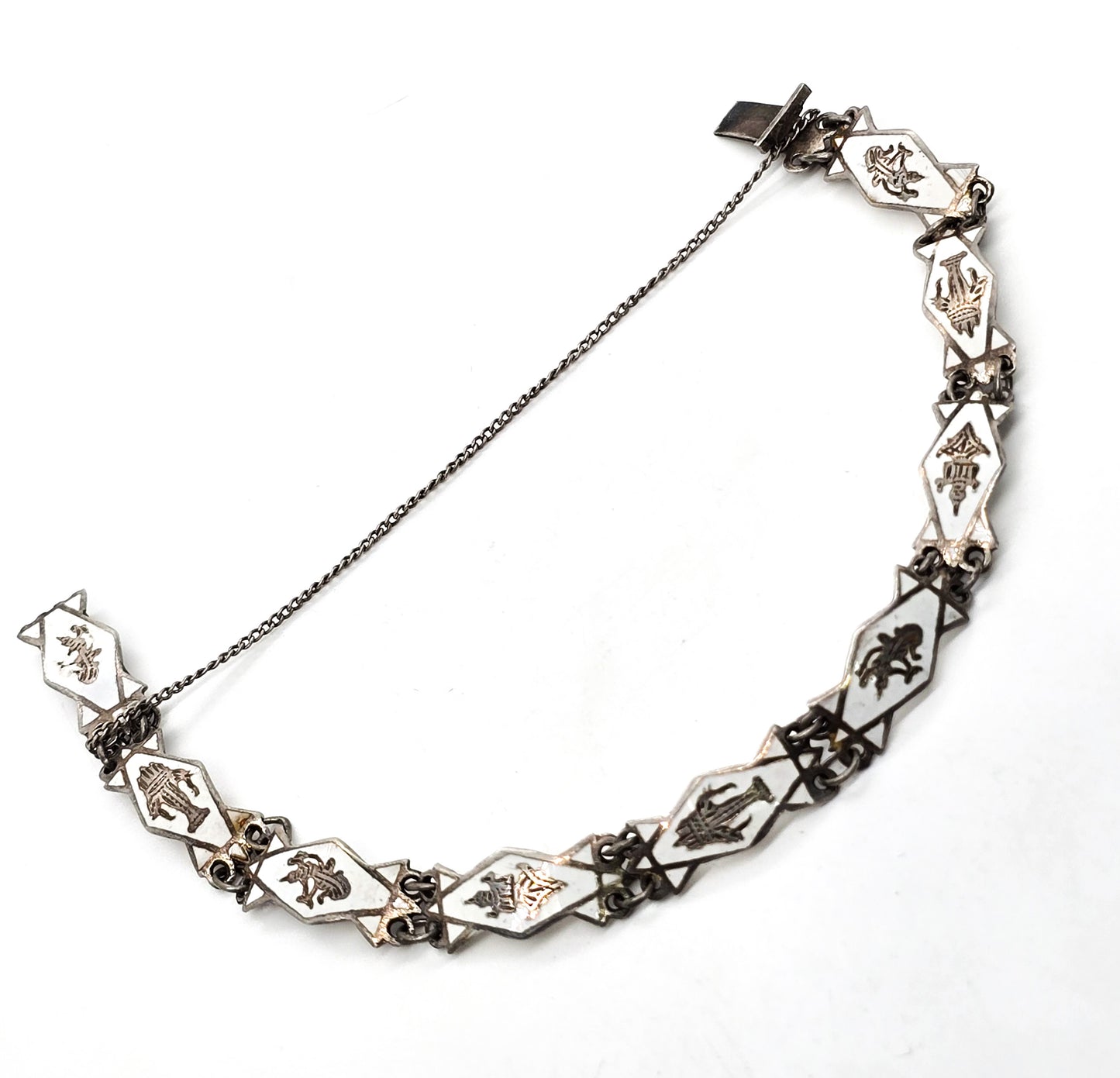 Siam White Nielloware enamel Erawan Melaka vintage sterling silver bracelet