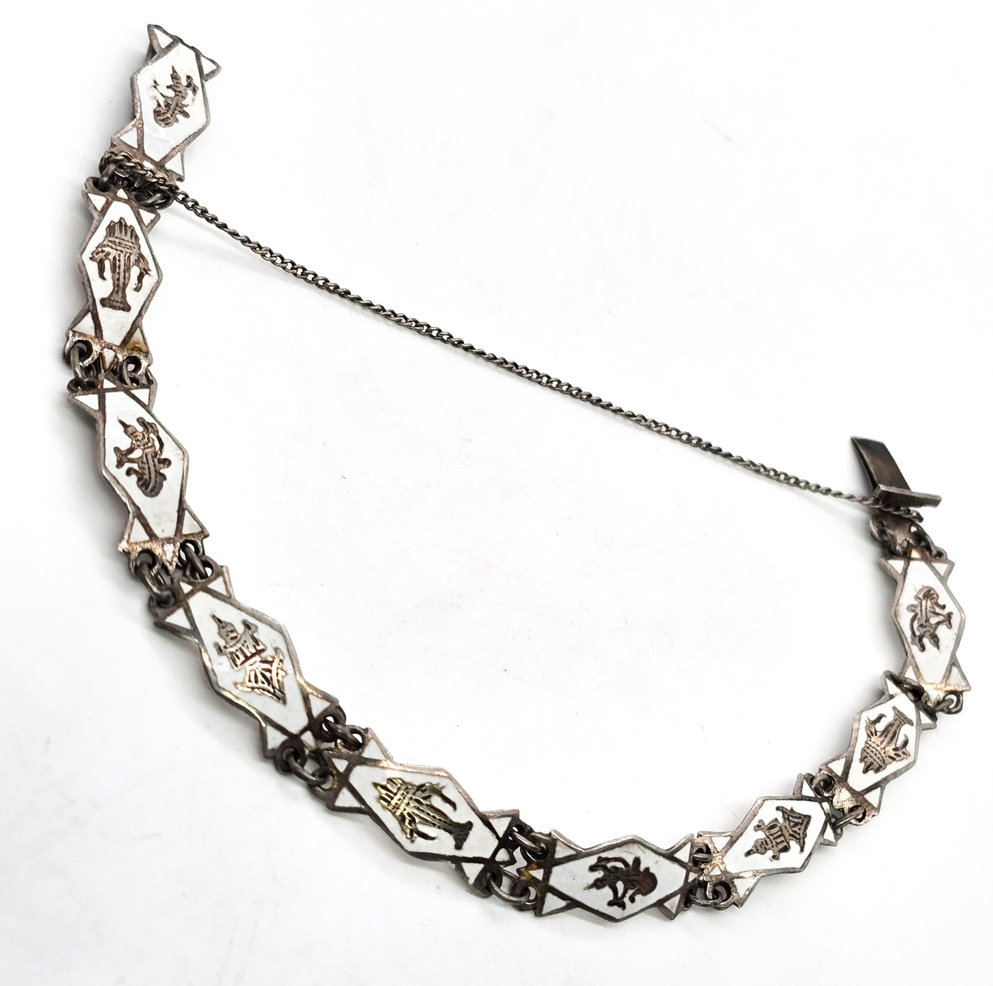 Siam White Nielloware enamel Erawan Melaka vintage sterling silver bracelet
