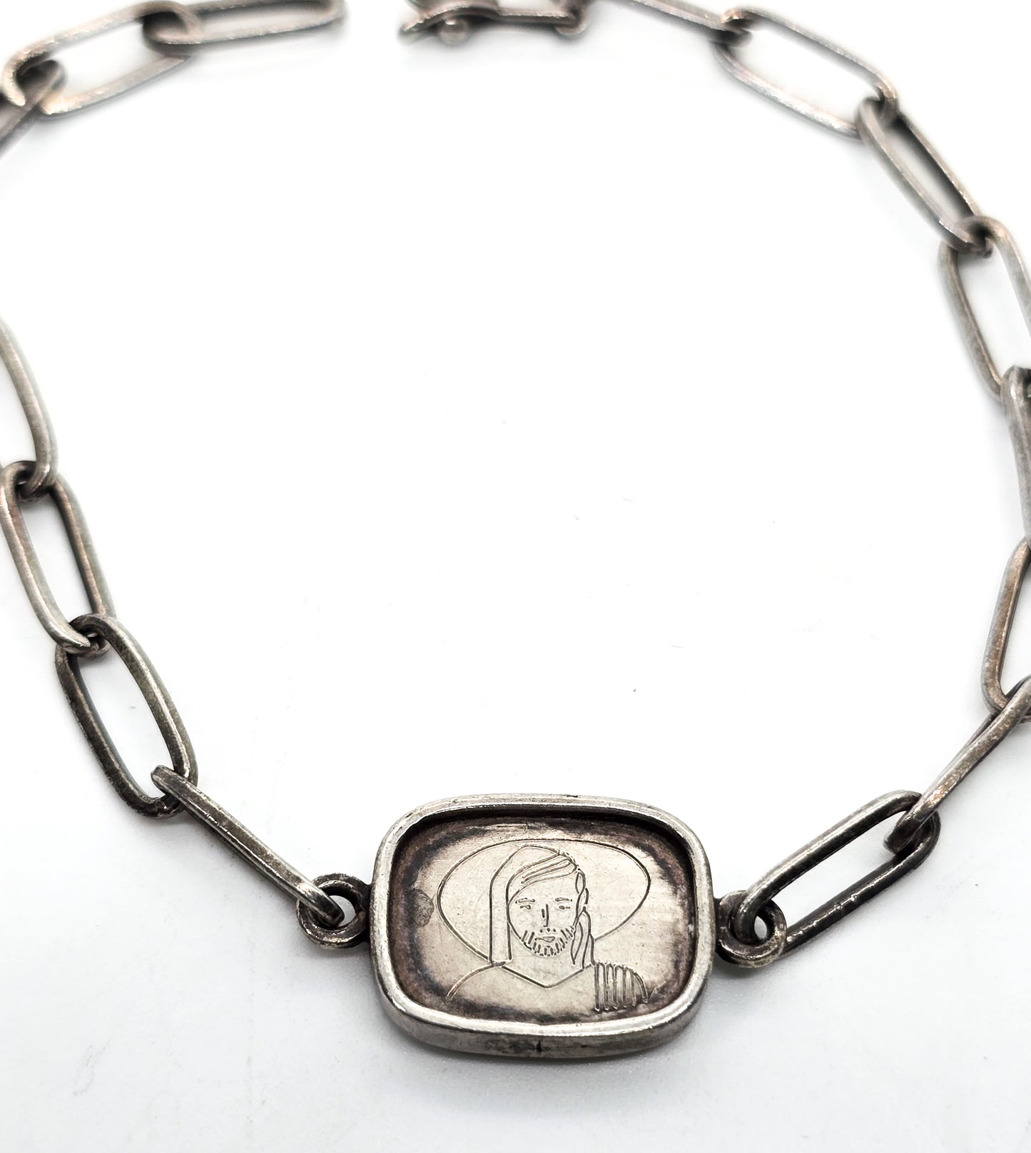 Jesus Secular Mary and Joseph vintage sterling silver artisan handcrafted bracelet
