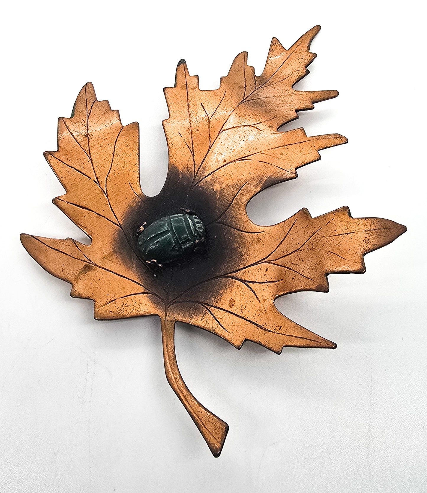Egyptian Revival Scarab Modernist copper vintage maple leaf brooch