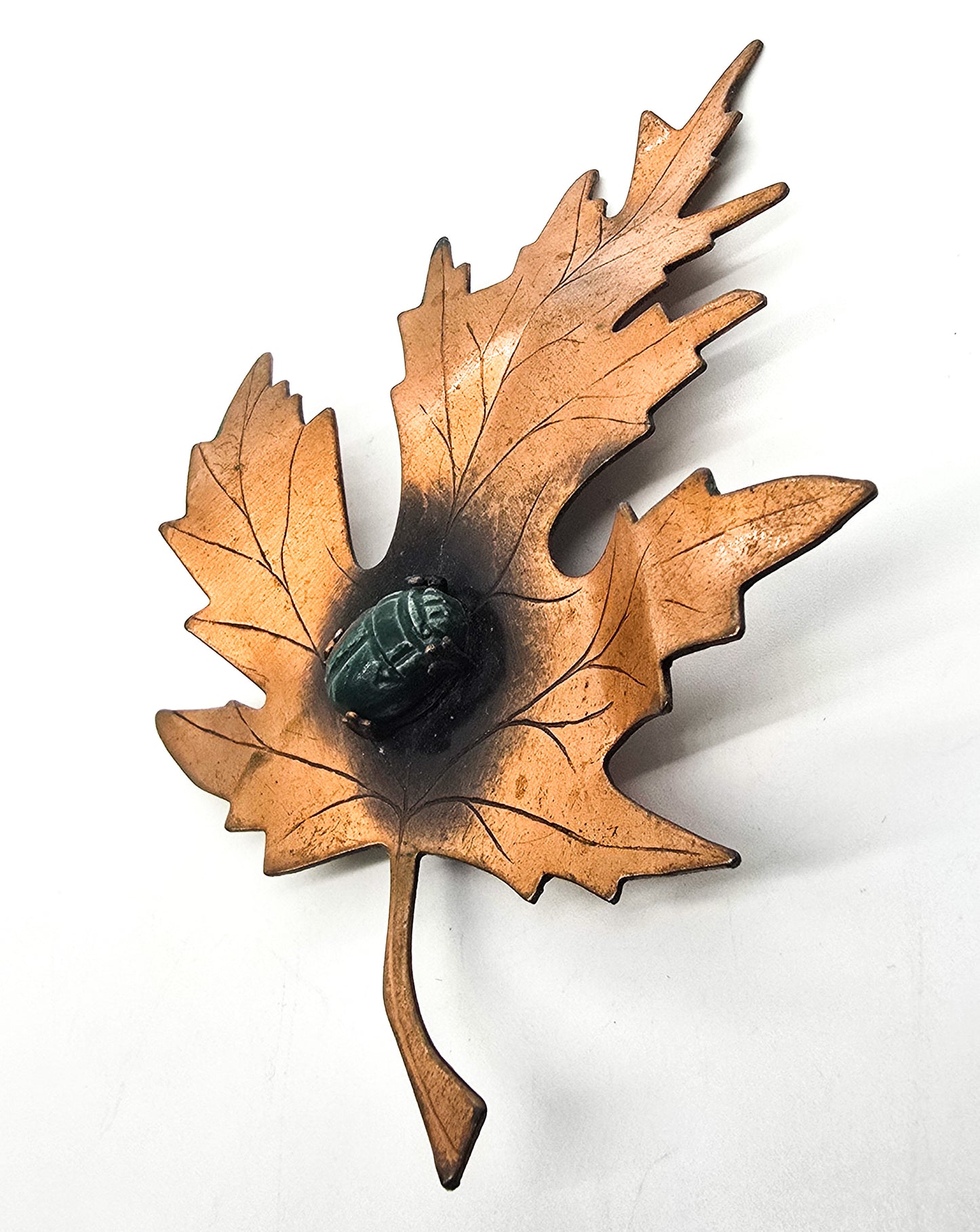 Egyptian Revival Scarab Modernist copper vintage maple leaf brooch