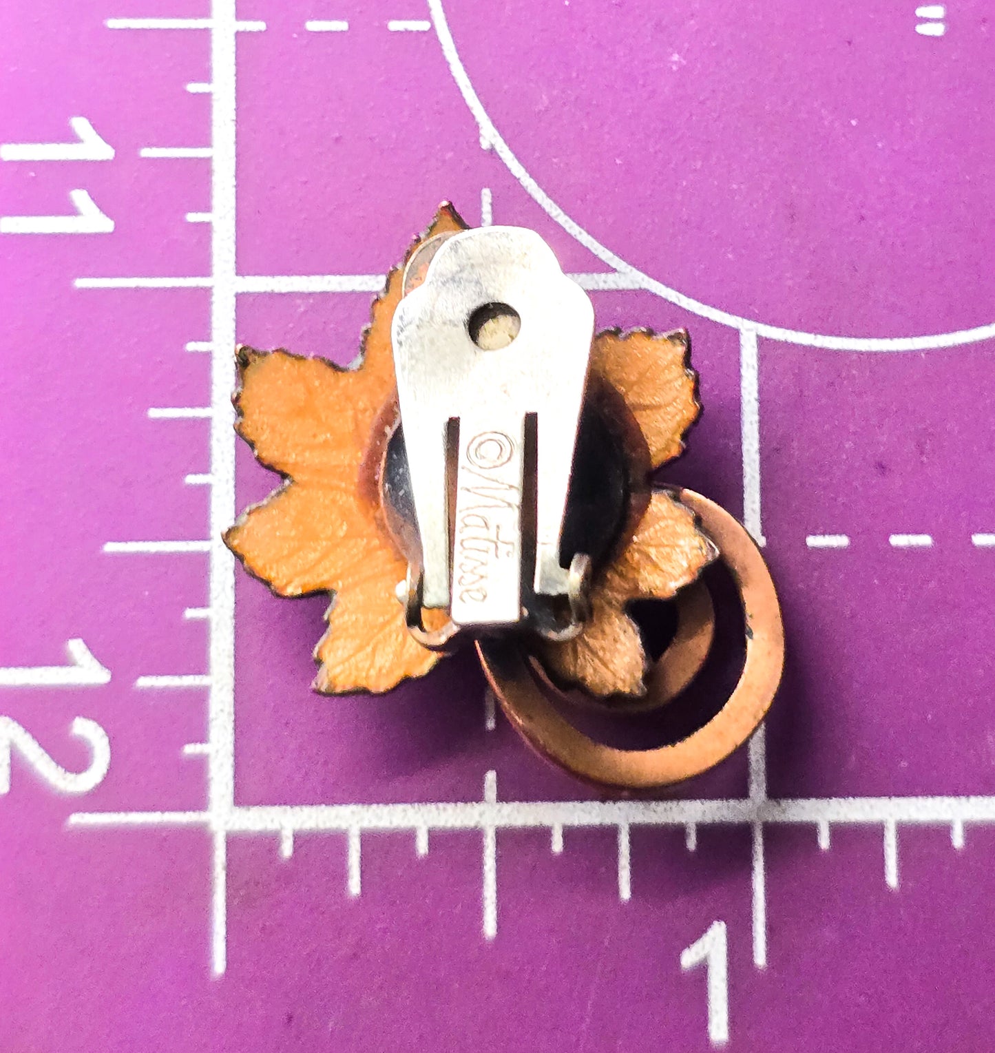 Renoir Matisse copper green enamel whimsy leaf signed vintage clip on earrings