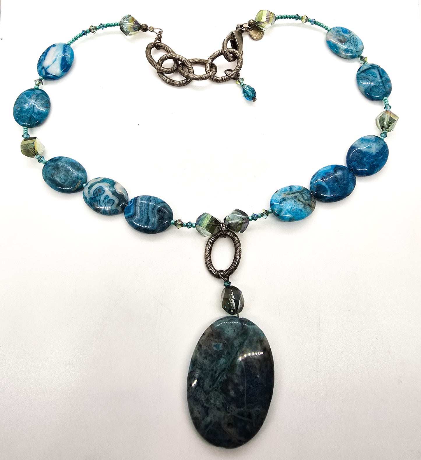 Emily Ray blue lace agate beaded artisan signed gemstone necklace