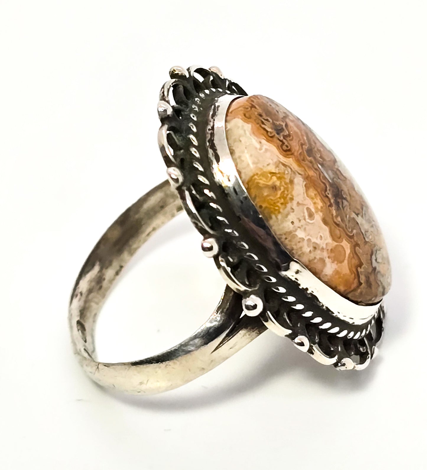 IAPP Taxco Mexico Banded Lace Agate vintage sterling silver ring size 6