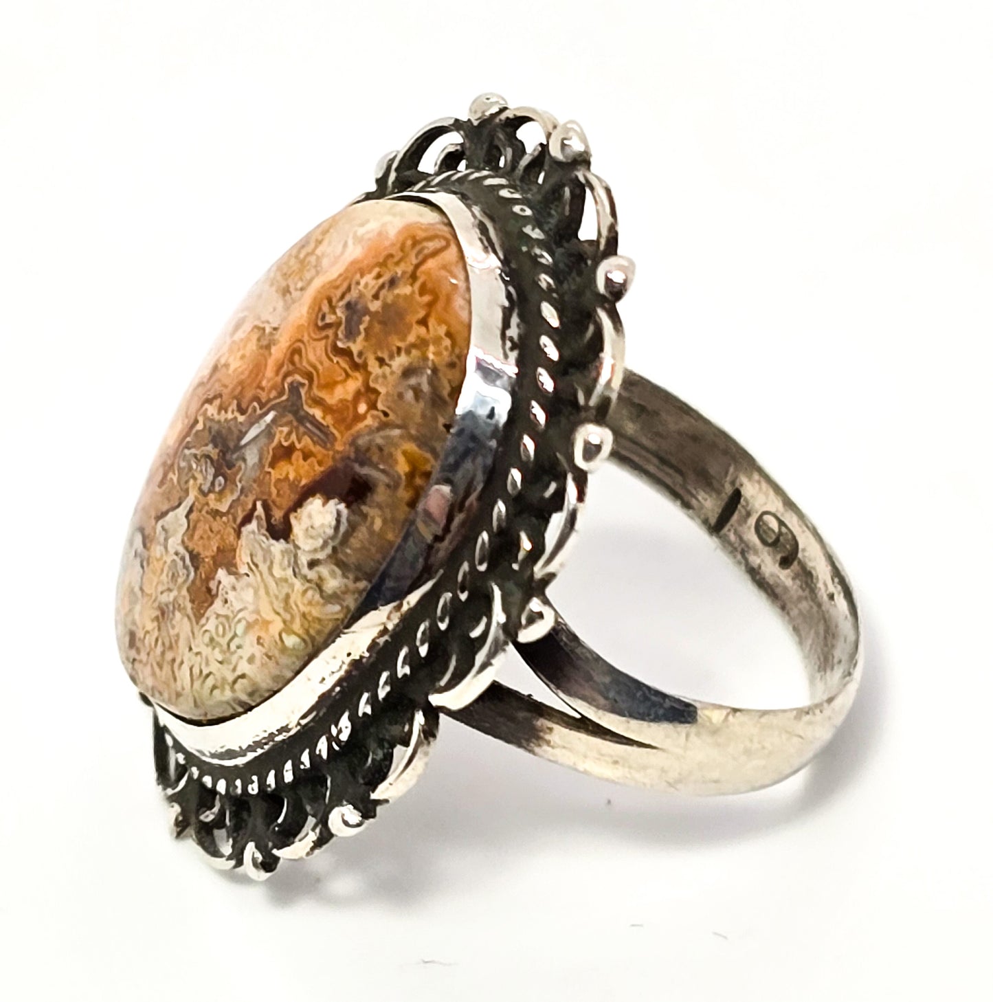 IAPP Taxco Mexico Banded Lace Agate vintage sterling silver ring size 6