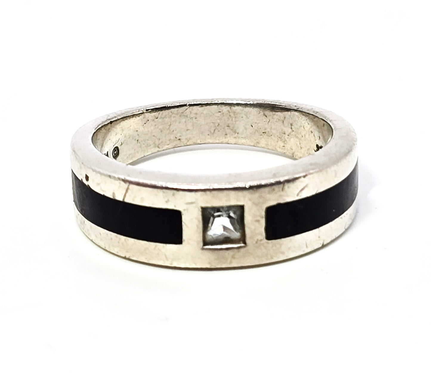 Aquamarine Black enamel flush mount sterling silver men's ring band size 10.5