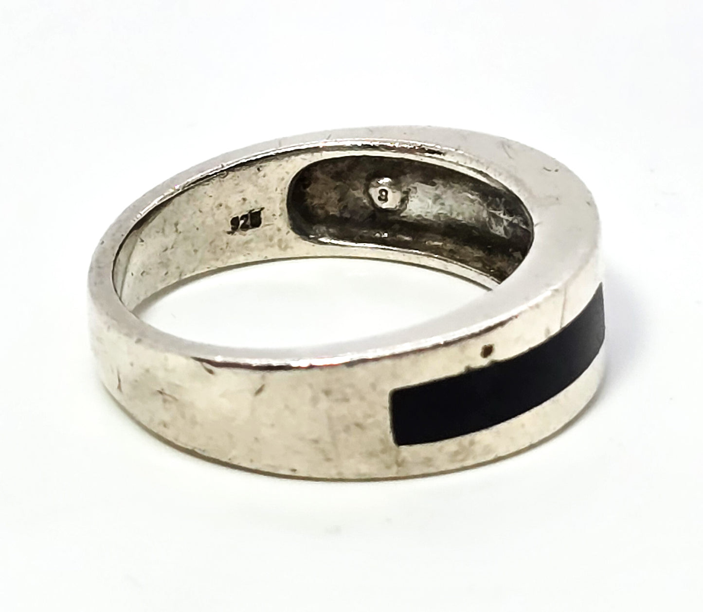Aquamarine Black enamel flush mount sterling silver men's ring band size 10.5