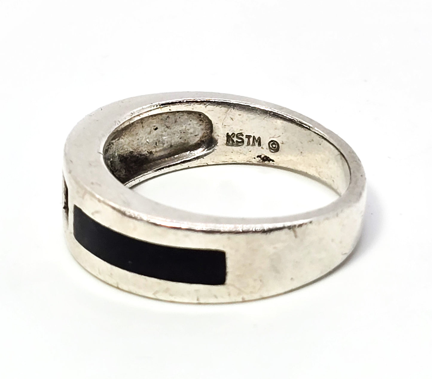 Aquamarine Black enamel flush mount sterling silver men's ring band size 10.5