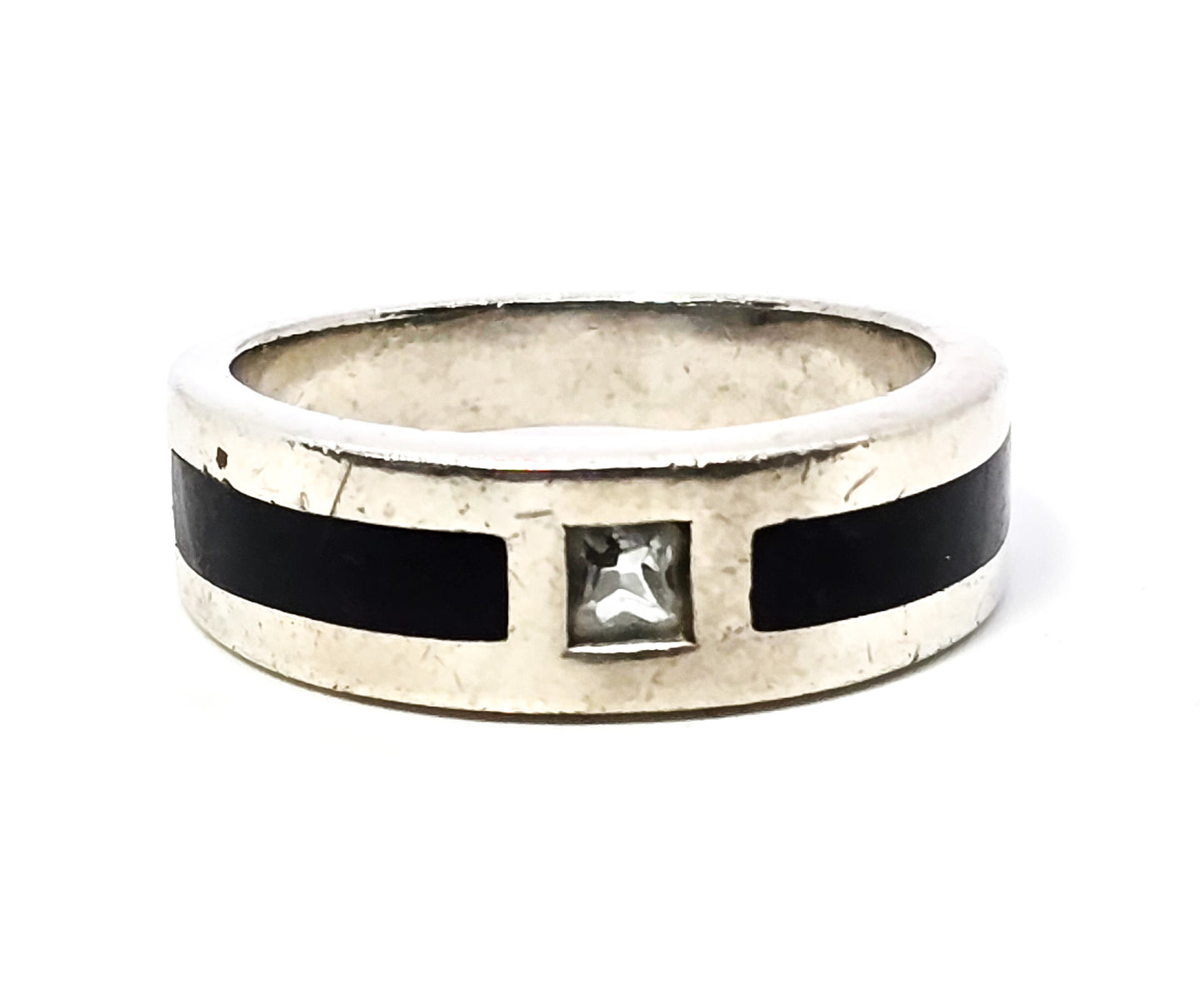 Aquamarine Black enamel flush mount sterling silver men's ring band size 10.5
