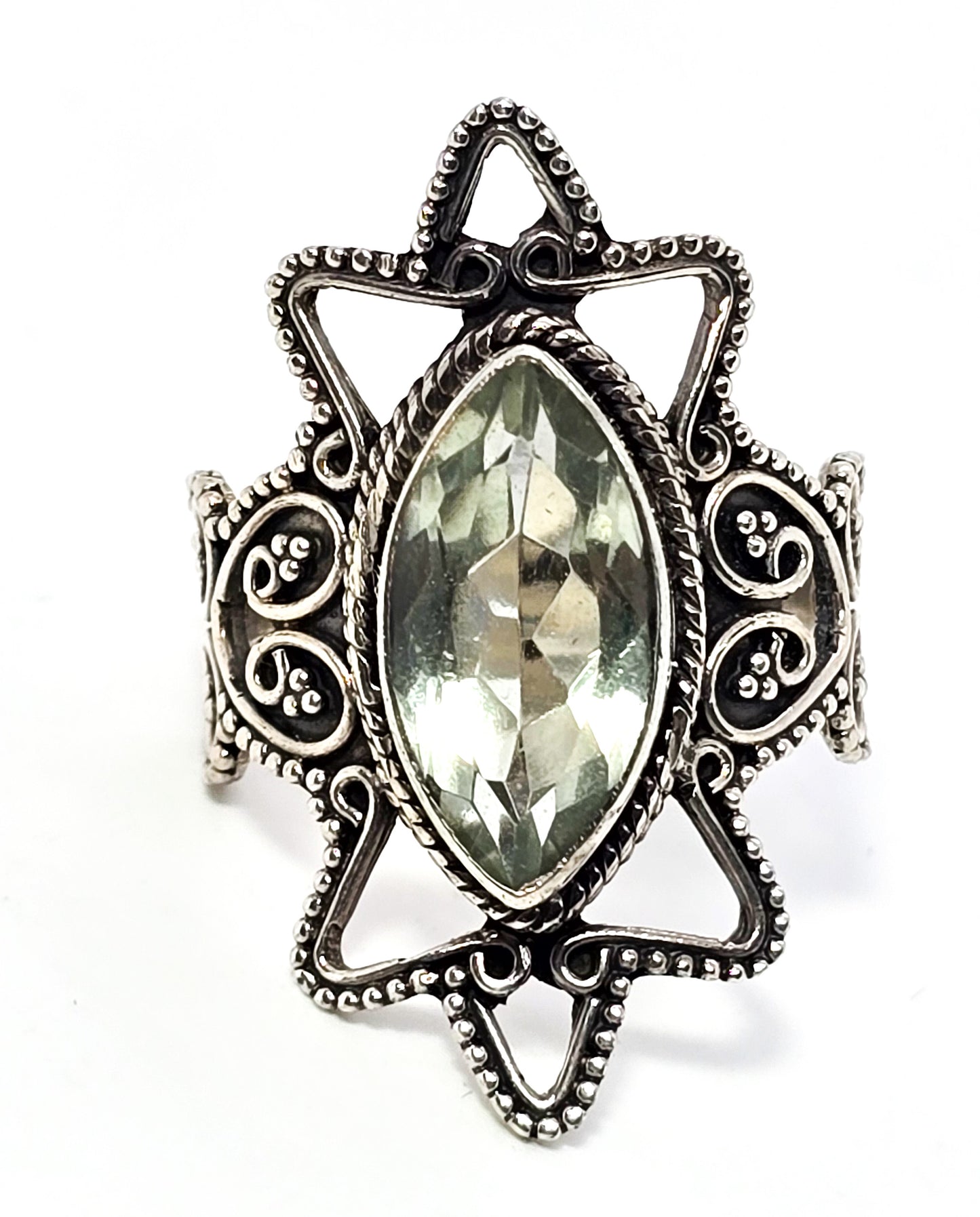 PTI Prasiolite Green Amethyst Filigree tribal Bali large sterling silver ring size 9