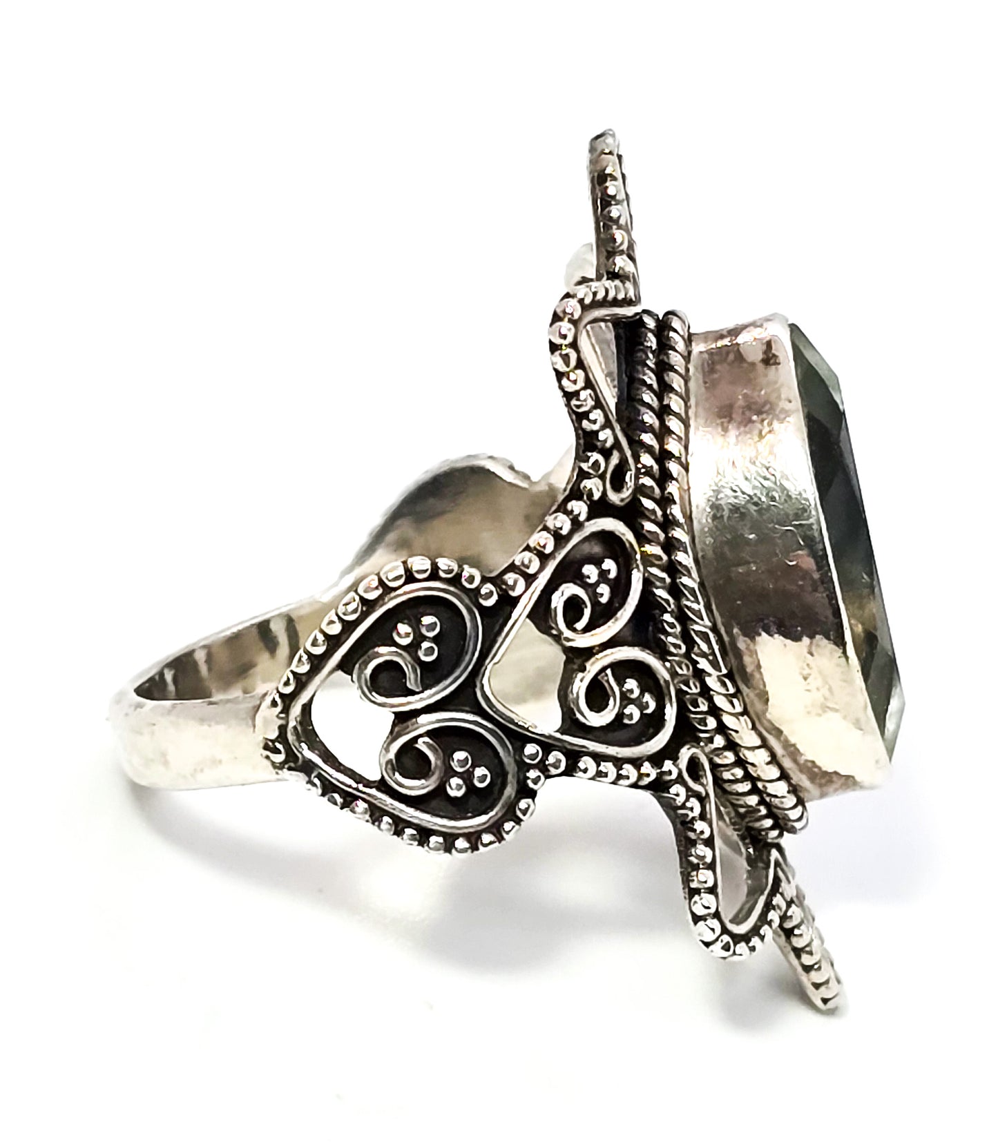 PTI Prasiolite Green Amethyst Filigree tribal Bali large sterling silver ring size 9